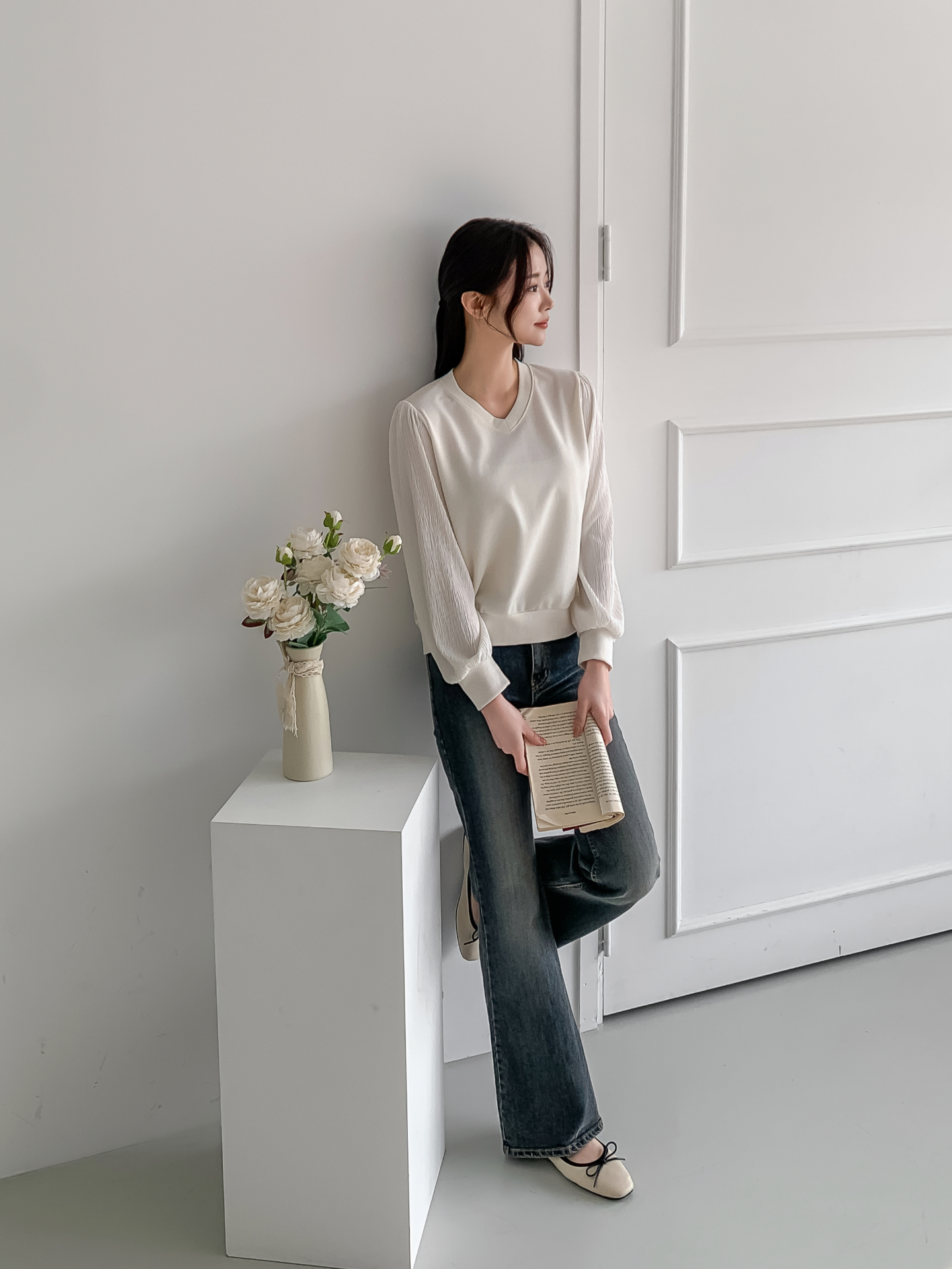 シフォンコンビVネックパフスリーブルーズ長袖無地ブラウススウェット | 詳細画像25