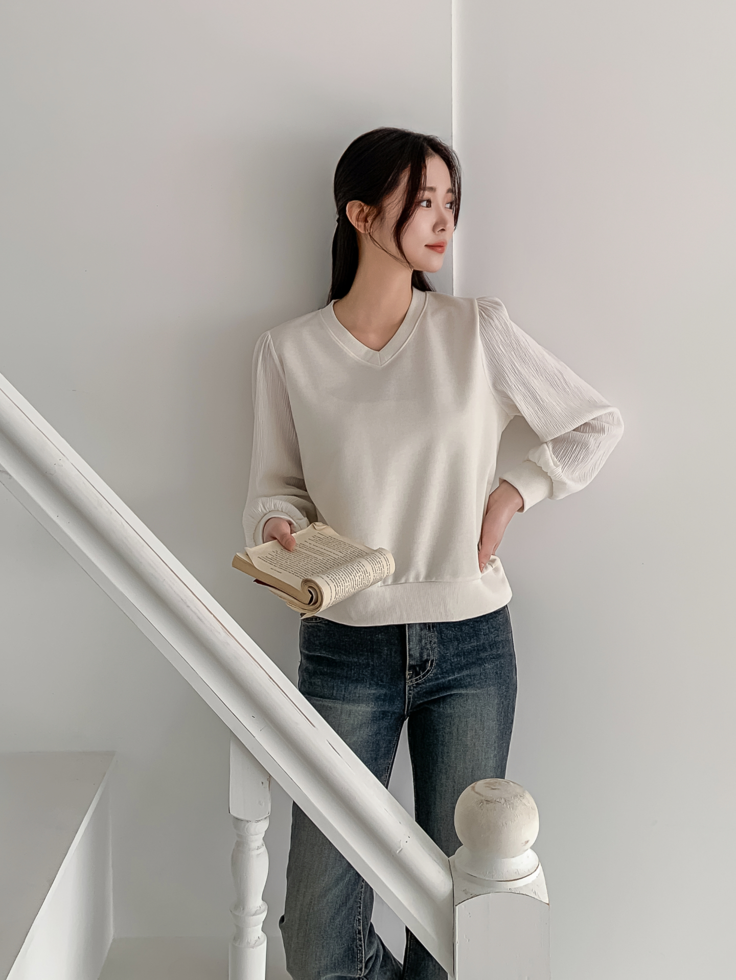 シフォンコンビVネックパフスリーブルーズ長袖無地ブラウススウェット | 詳細画像26