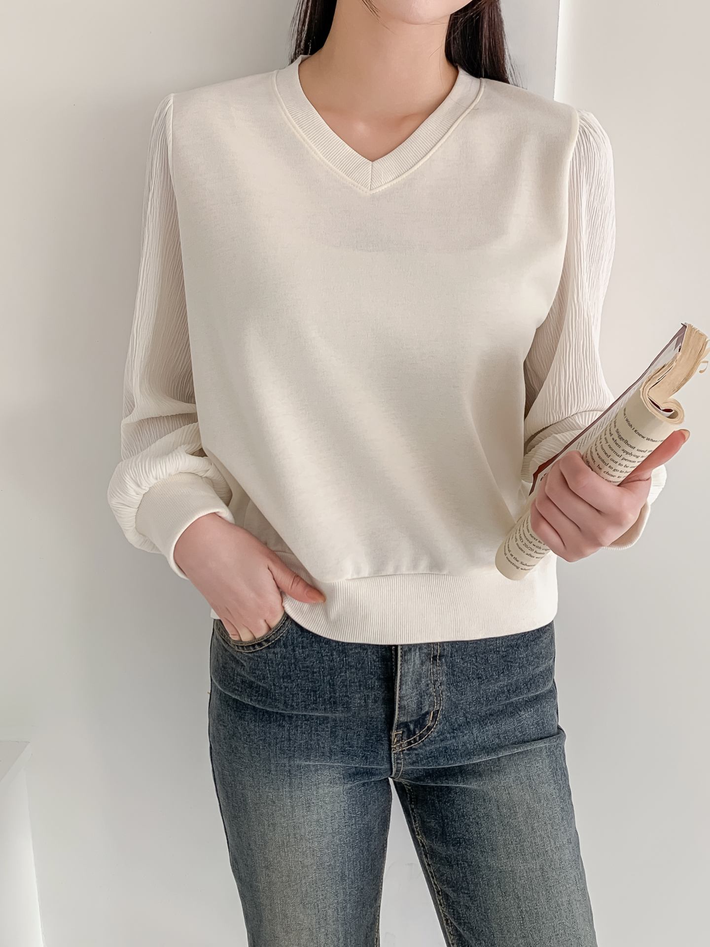 シフォンコンビVネックパフスリーブルーズ長袖無地ブラウススウェット | 詳細画像27