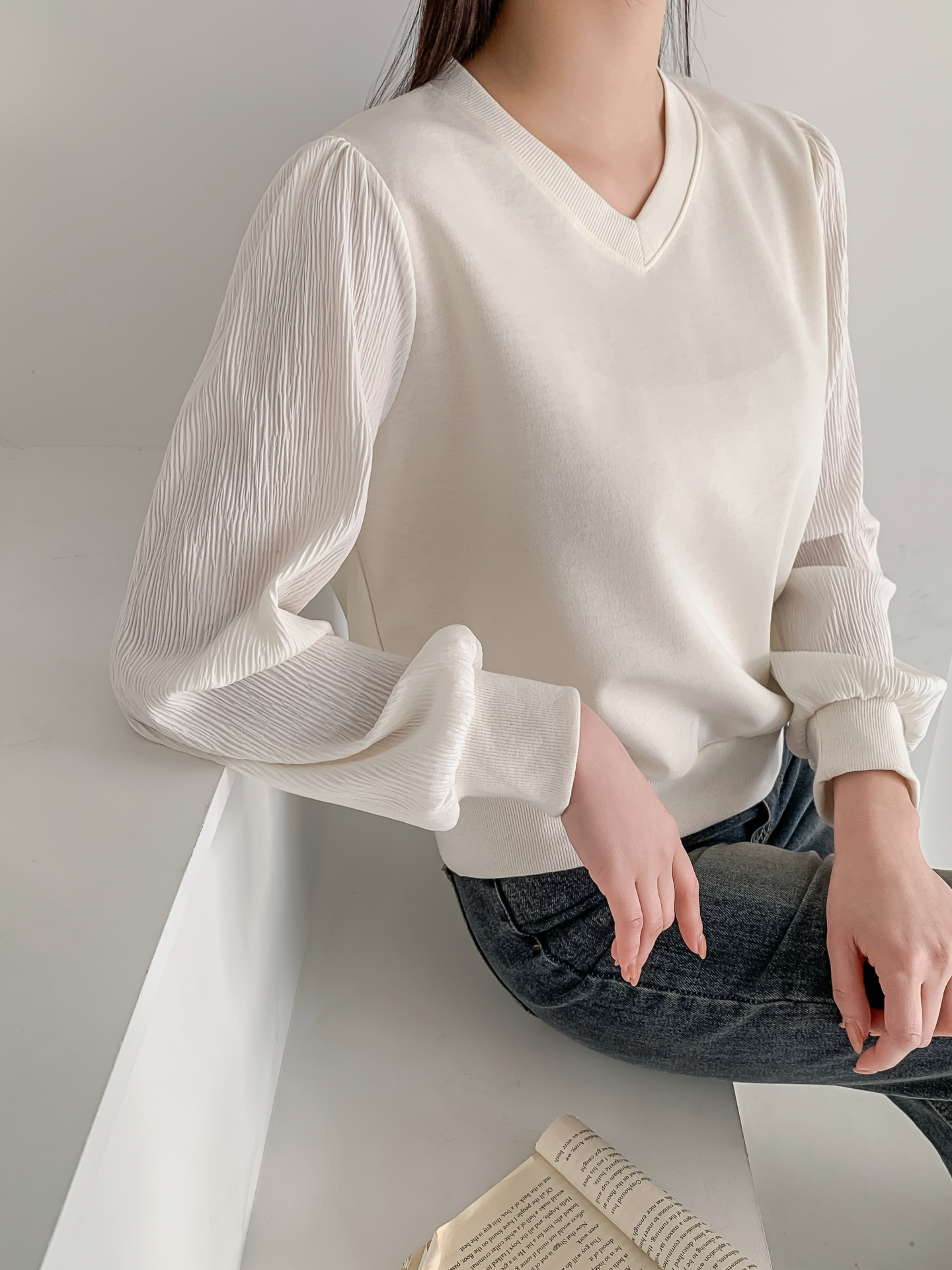 シフォンコンビVネックパフスリーブルーズ長袖無地ブラウススウェット | 詳細画像28