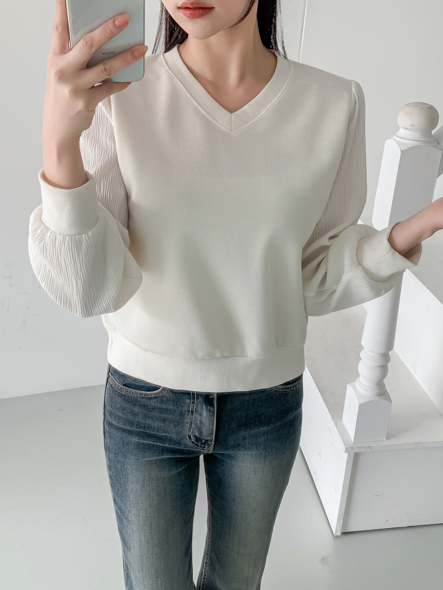 シフォンコンビVネックパフスリーブルーズ長袖無地ブラウススウェット | 詳細画像29