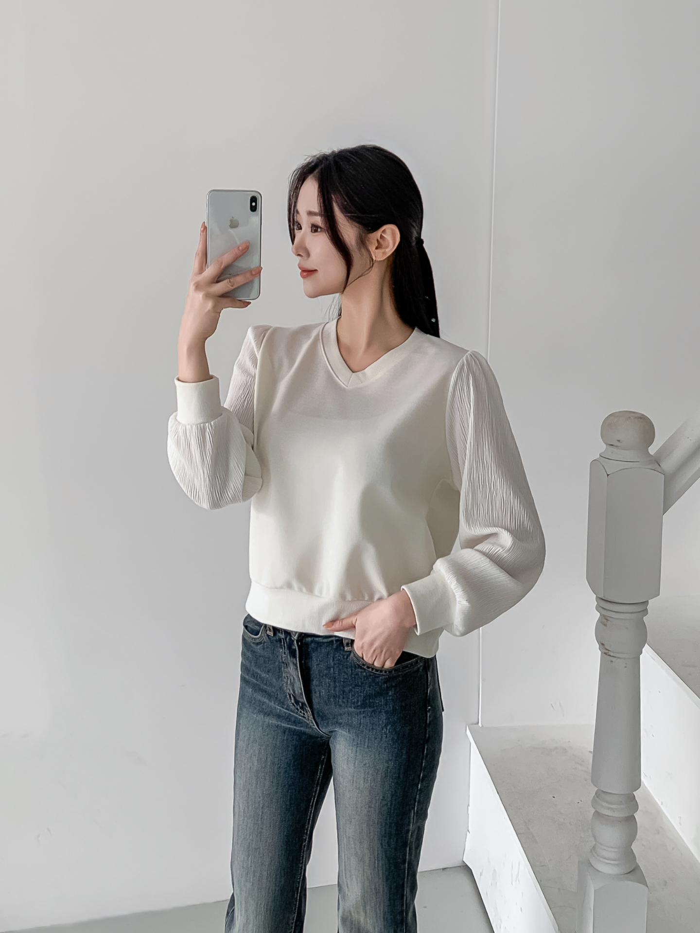 シフォンコンビVネックパフスリーブルーズ長袖無地ブラウススウェット | 詳細画像30