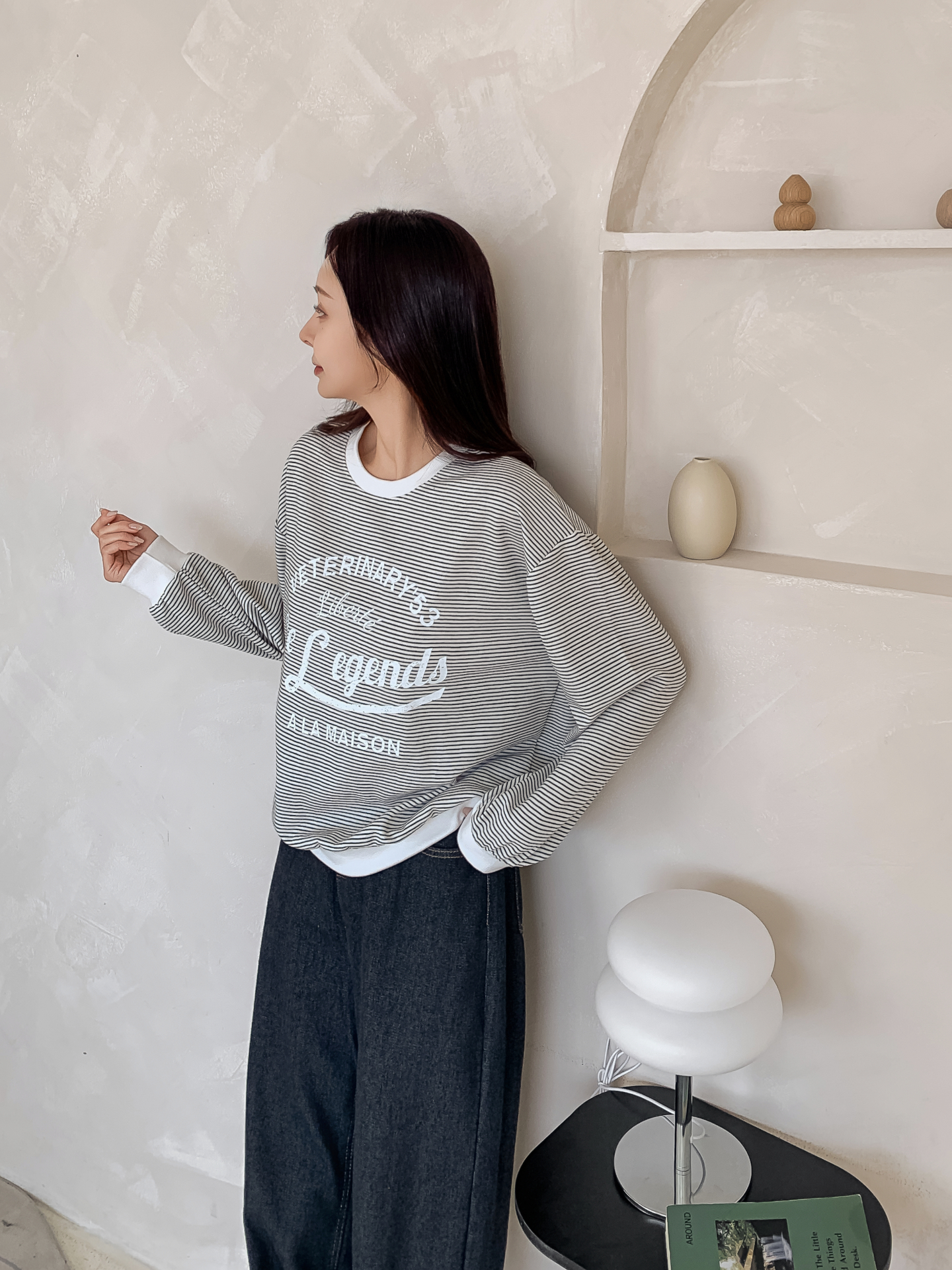 ラウンドネックルーズ長袖レタリングボーダー配色スウェット | 詳細画像25