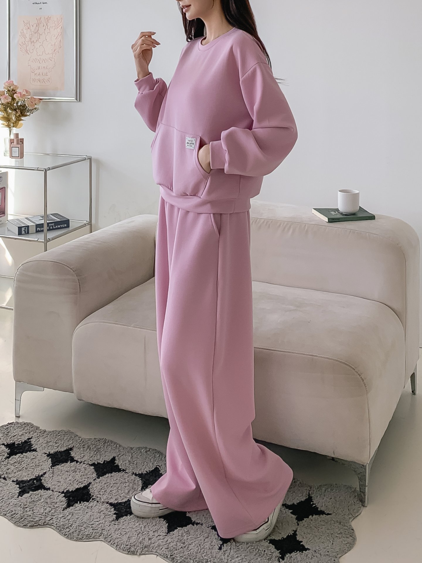 ラウンドネックパッチオーバーサイズ長袖カンガルーポケット無地スウェット | 詳細画像18