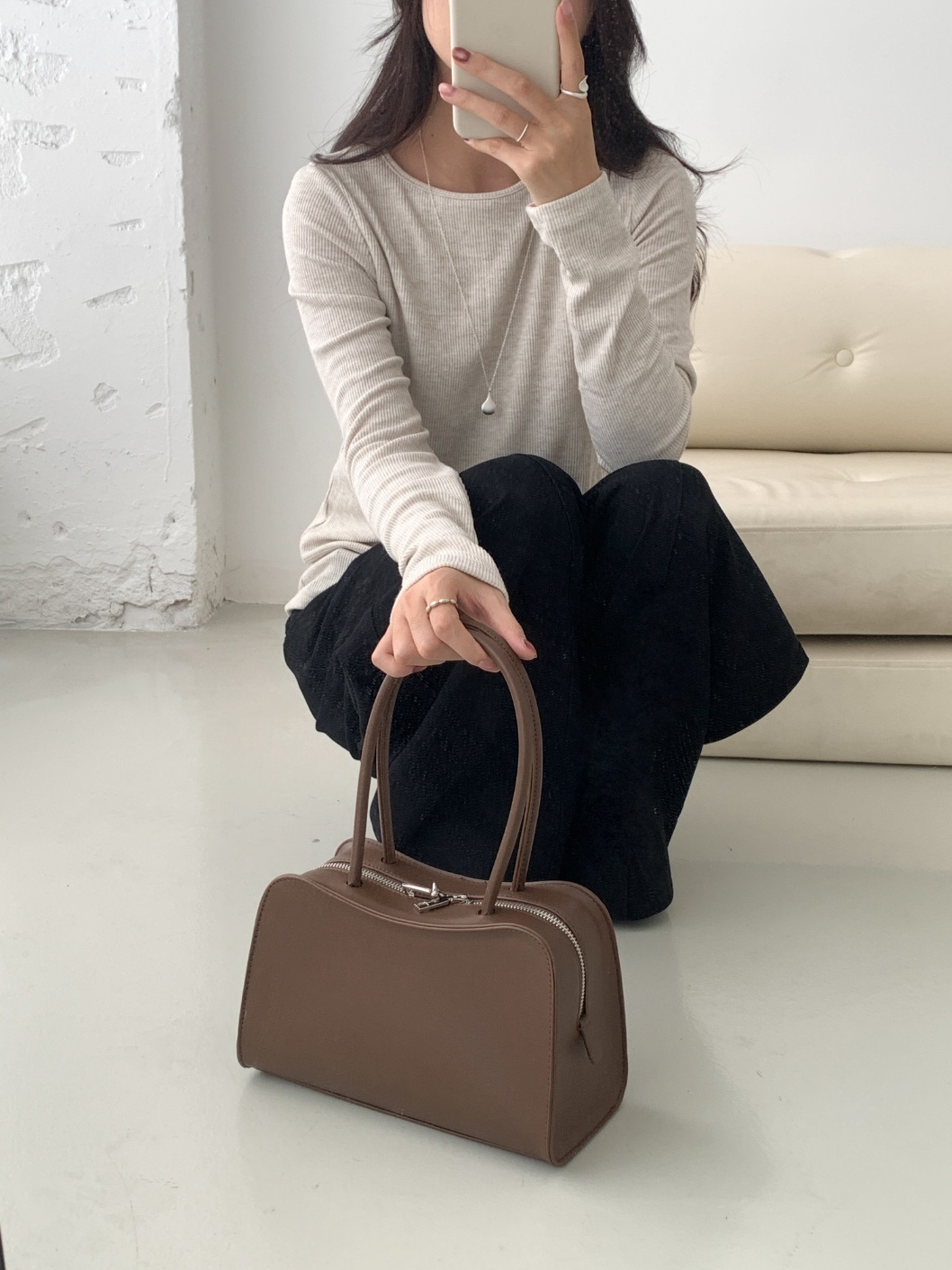 レザー調ダブルジップ無地トートバッグ | 詳細画像6