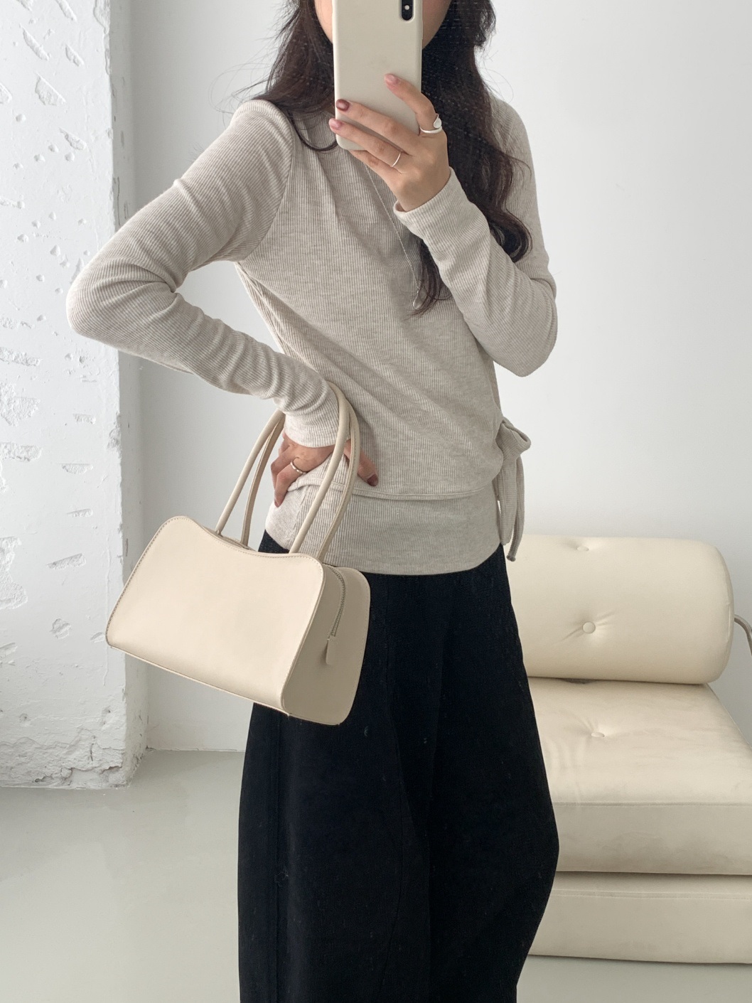 レザー調ダブルジップ無地トートバッグ | 詳細画像8