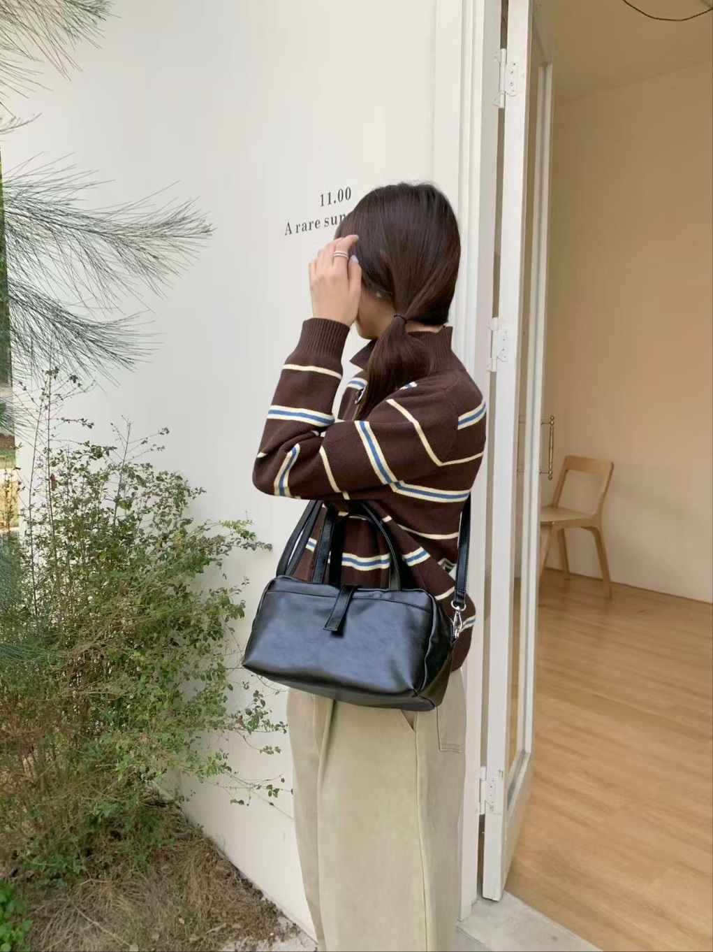 レザー調ジップアップグロスDリング無地ハンドバッグストラップセット(バックルあり) | 詳細画像2