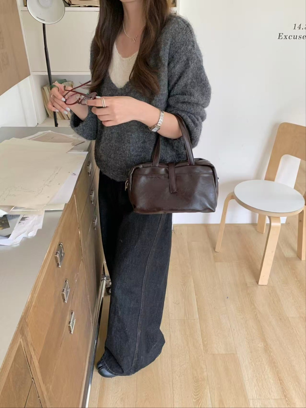 レザー調ジップアップグロスDリング無地ハンドバッグストラップセット(バックルあり) | 詳細画像6