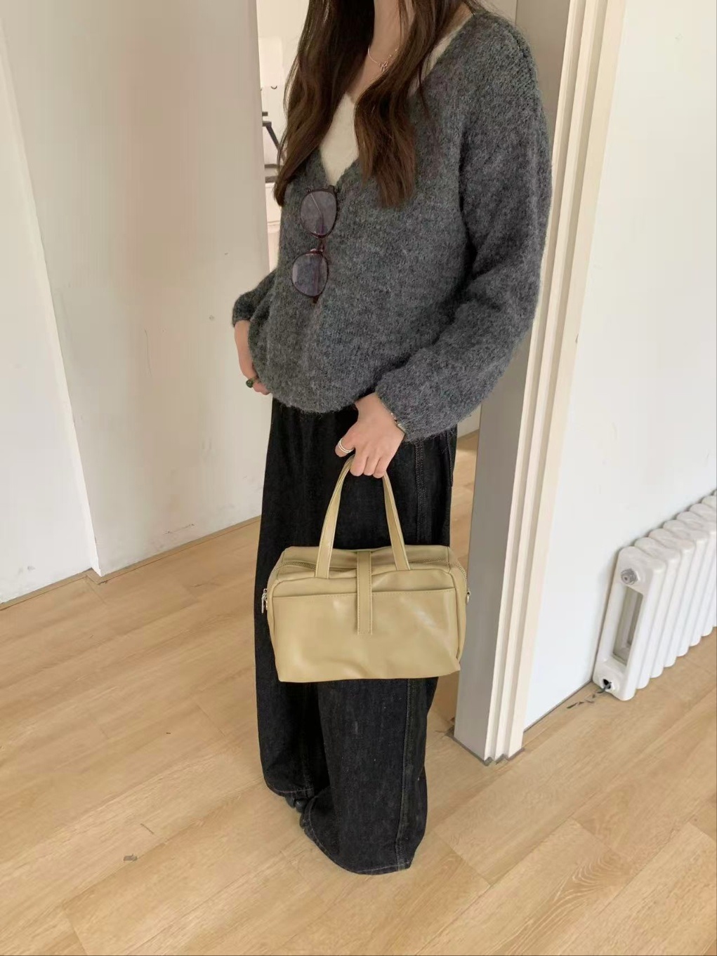 レザー調ジップアップグロスDリング無地ハンドバッグストラップセット(バックルあり) | 詳細画像11