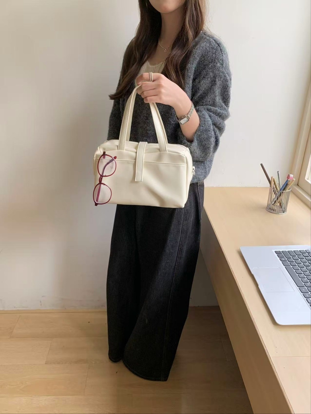 レザー調ジップアップグロスDリング無地ハンドバッグストラップセット(バックルあり) | 詳細画像14