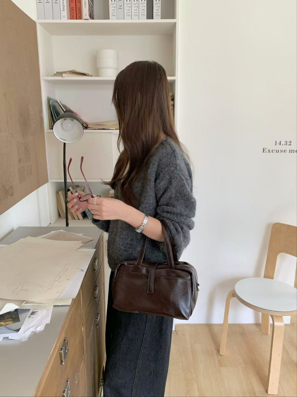 レザー調ジップアップグロスDリング無地ハンドバッグストラップセット(バックルあり) | 詳細画像7