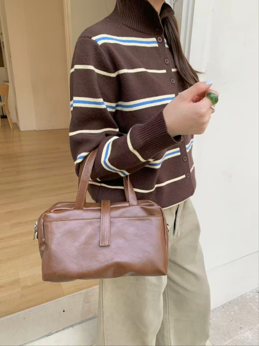 レザー調ジップアップグロスDリング無地ハンドバッグストラップセット(バックルあり) | 詳細画像9