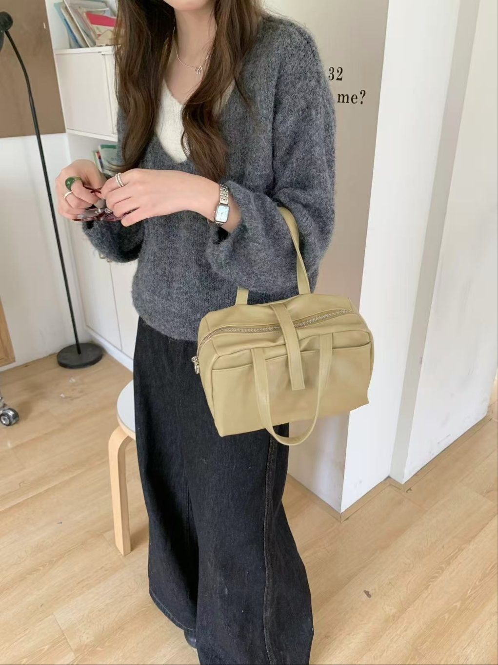 レザー調ジップアップグロスDリング無地ハンドバッグストラップセット(バックルあり) | 詳細画像12