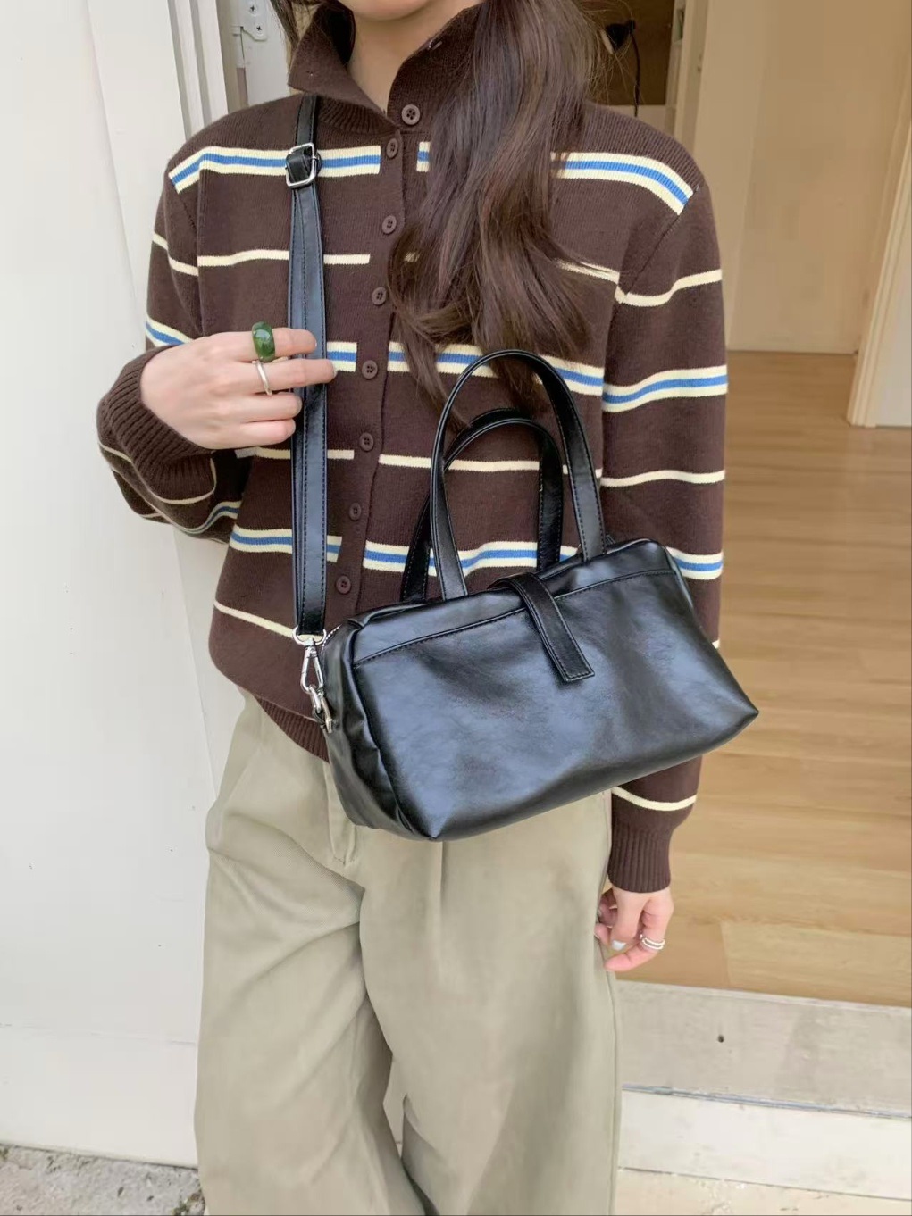 レザー調ジップアップグロスDリング無地ハンドバッグストラップセット(バックルあり) | 詳細画像5