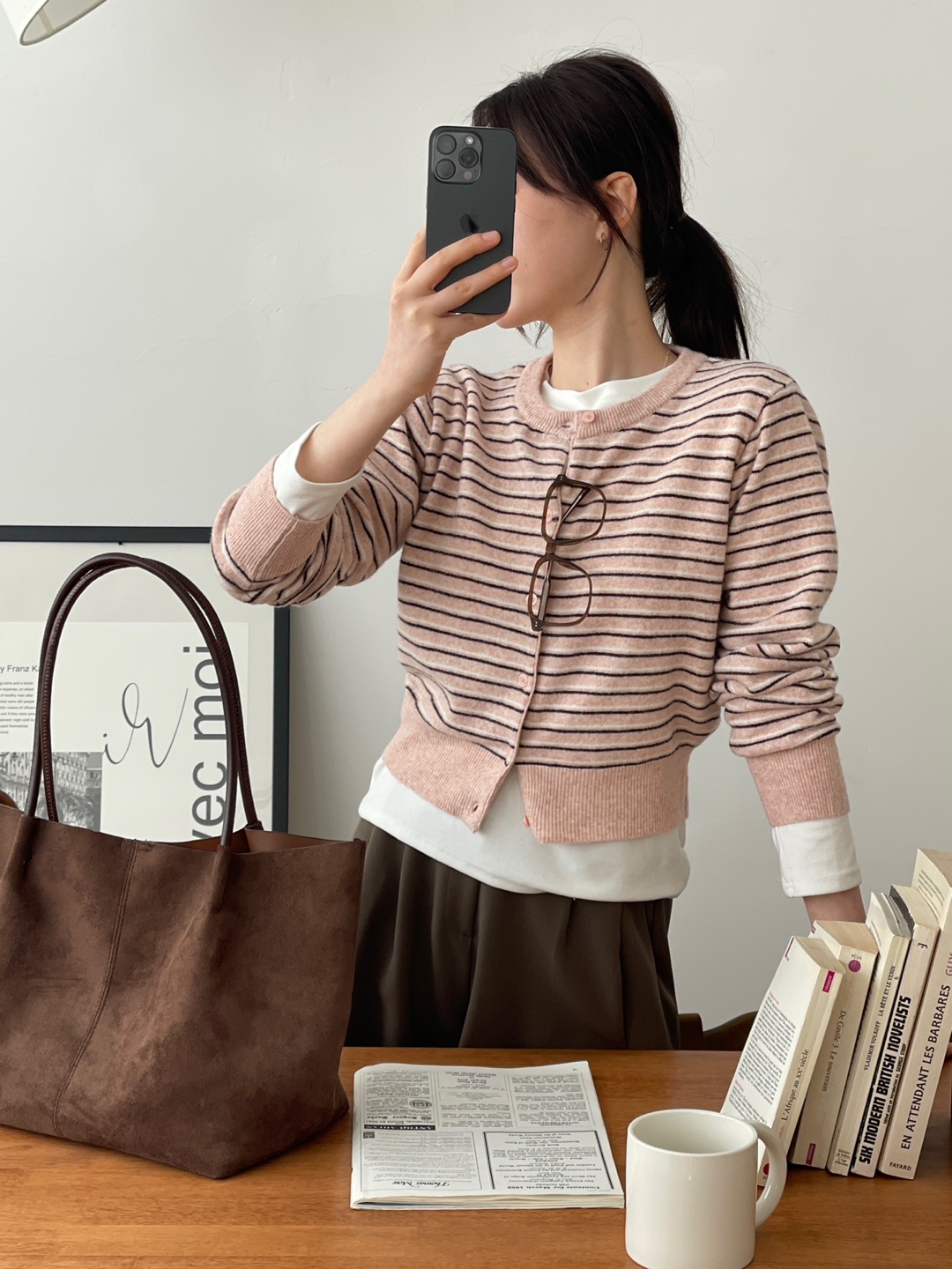 ウール混ボタンラウンドネックルーズ長袖セミクロップドボーダー配色カーディガン | 詳細画像4