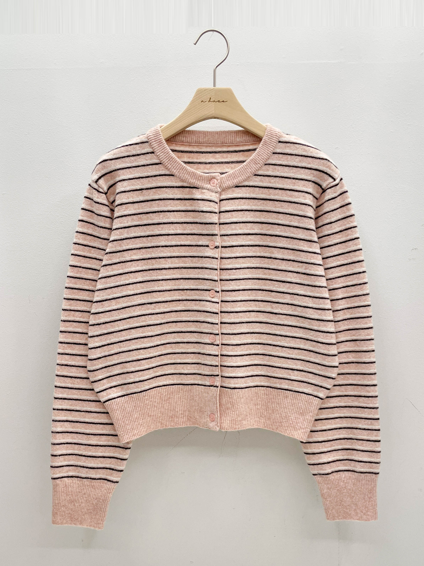 ウール混ボタンラウンドネックルーズ長袖セミクロップドボーダー配色カーディガン | 詳細画像14