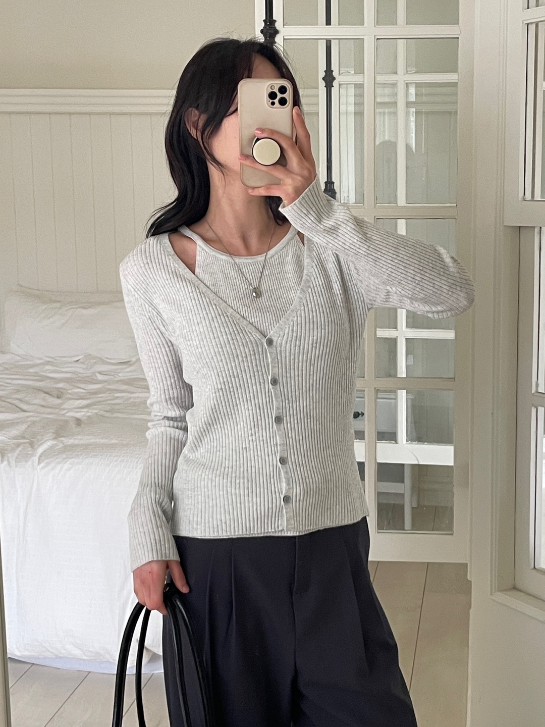 リブボタンVネックホルターネックレイヤード風ルーズ長袖無地ニット | 詳細画像9