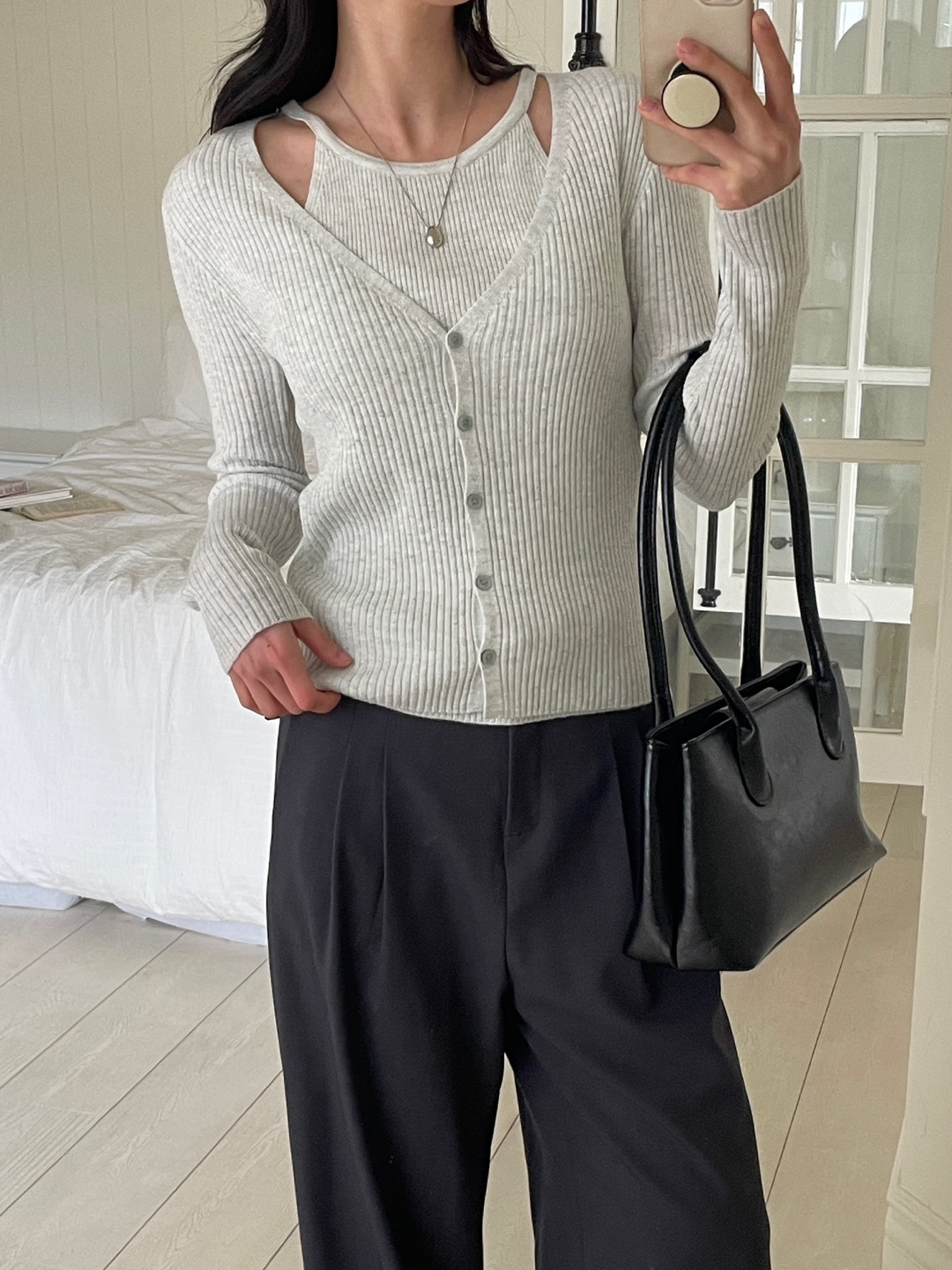 リブボタンVネックホルターネックレイヤード風ルーズ長袖無地ニット | 詳細画像11