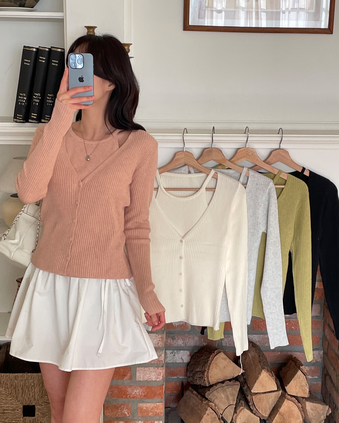 リブボタンVネックホルターネックレイヤード風ルーズ長袖無地ニット | 詳細画像2