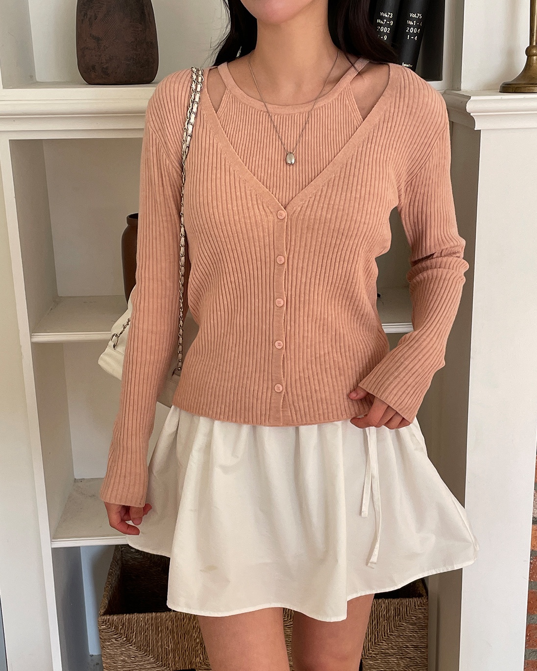 リブボタンVネックホルターネックレイヤード風ルーズ長袖無地ニット | 詳細画像5