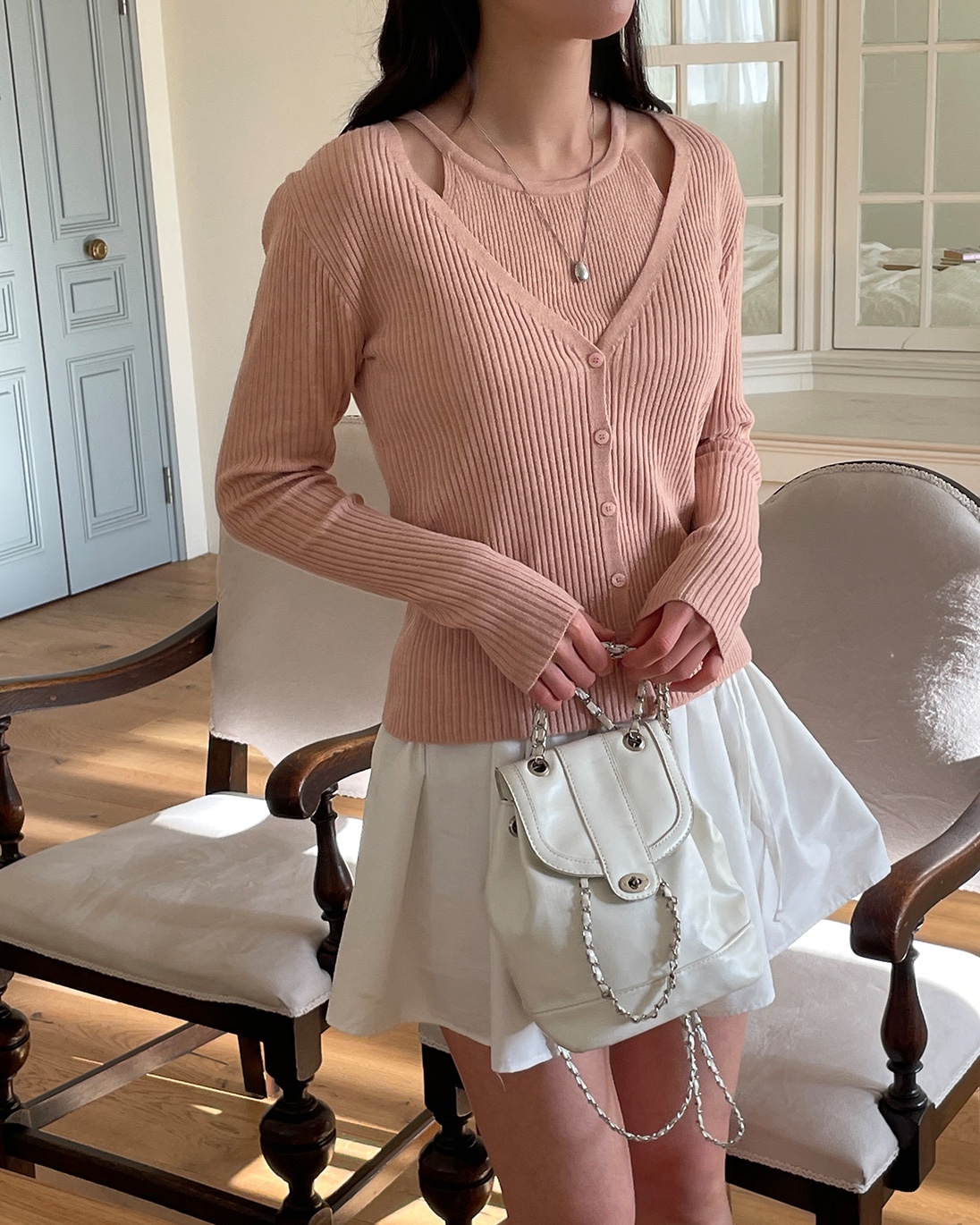 リブボタンVネックホルターネックレイヤード風ルーズ長袖無地ニット | 詳細画像6