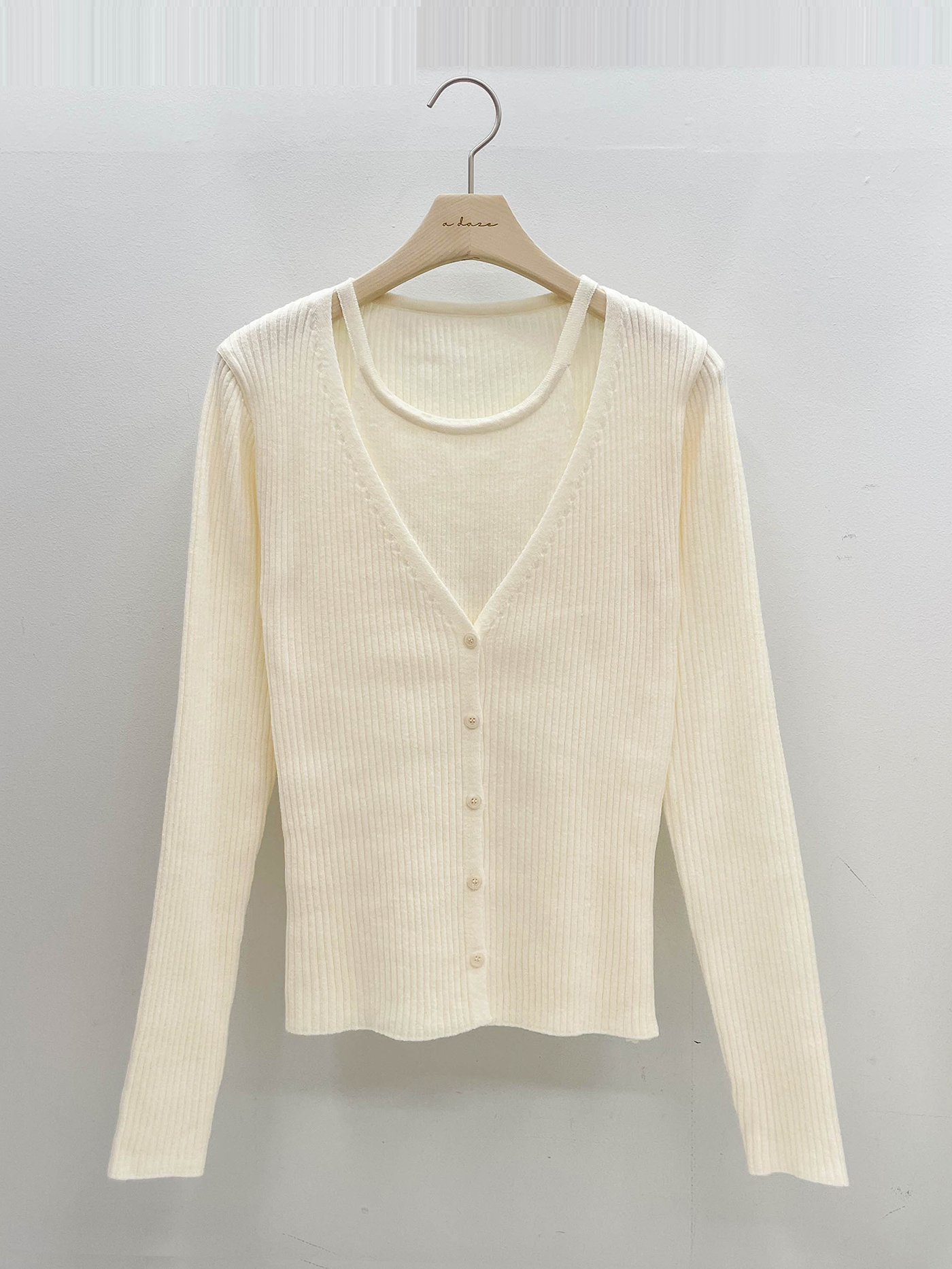 リブボタンVネックホルターネックレイヤード風ルーズ長袖無地ニット | 詳細画像16