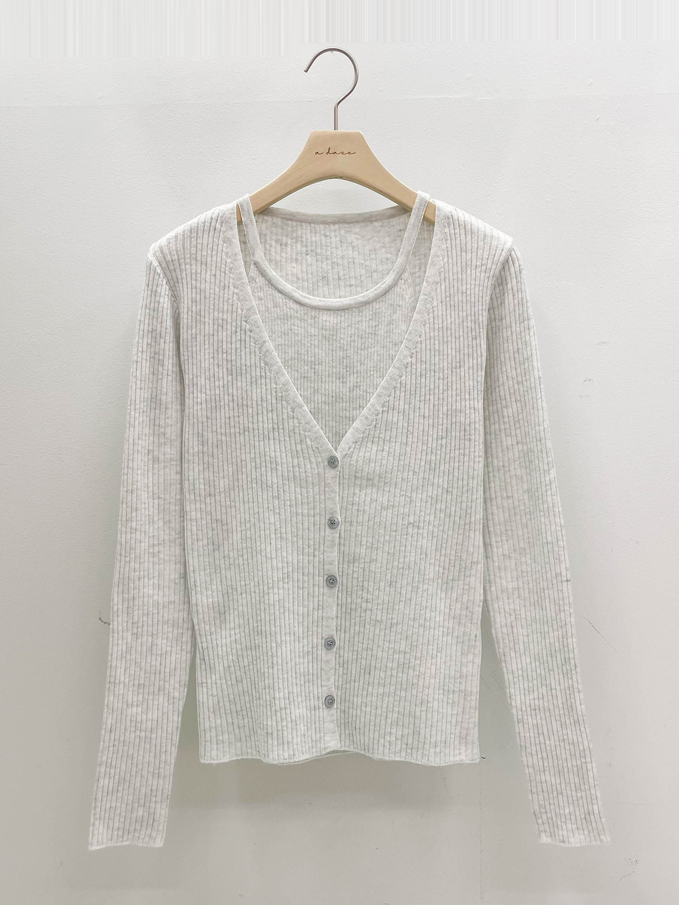 リブボタンVネックホルターネックレイヤード風ルーズ長袖無地ニット | 詳細画像18