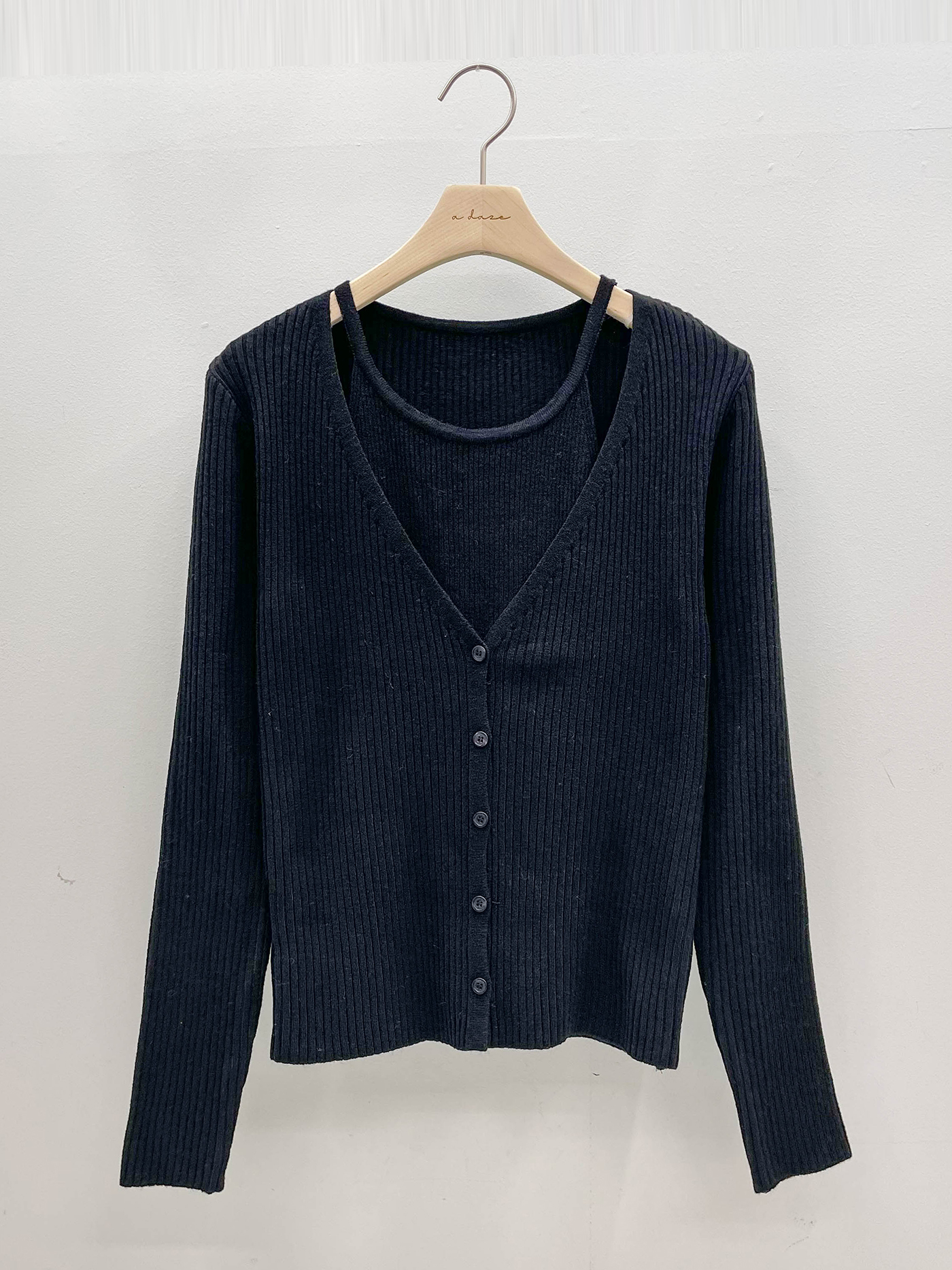 リブボタンVネックホルターネックレイヤード風ルーズ長袖無地ニット | 詳細画像20