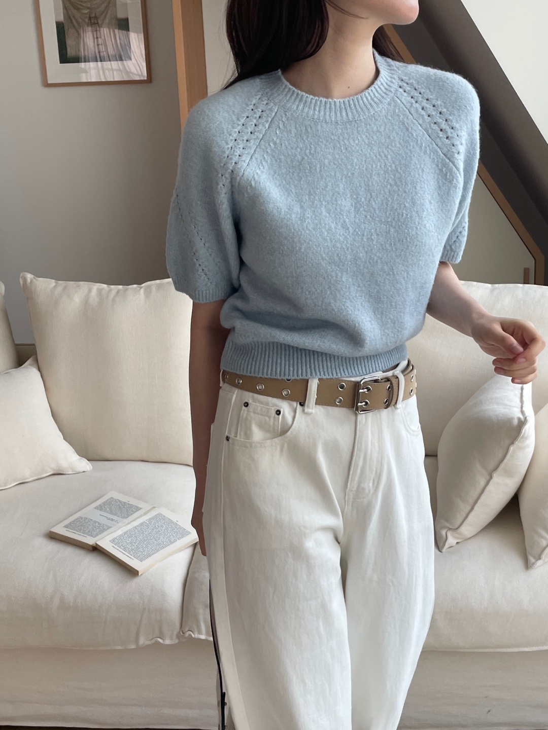 ラウンドネックパフスリーブルーズ半袖セミクロップドニット | 詳細画像11