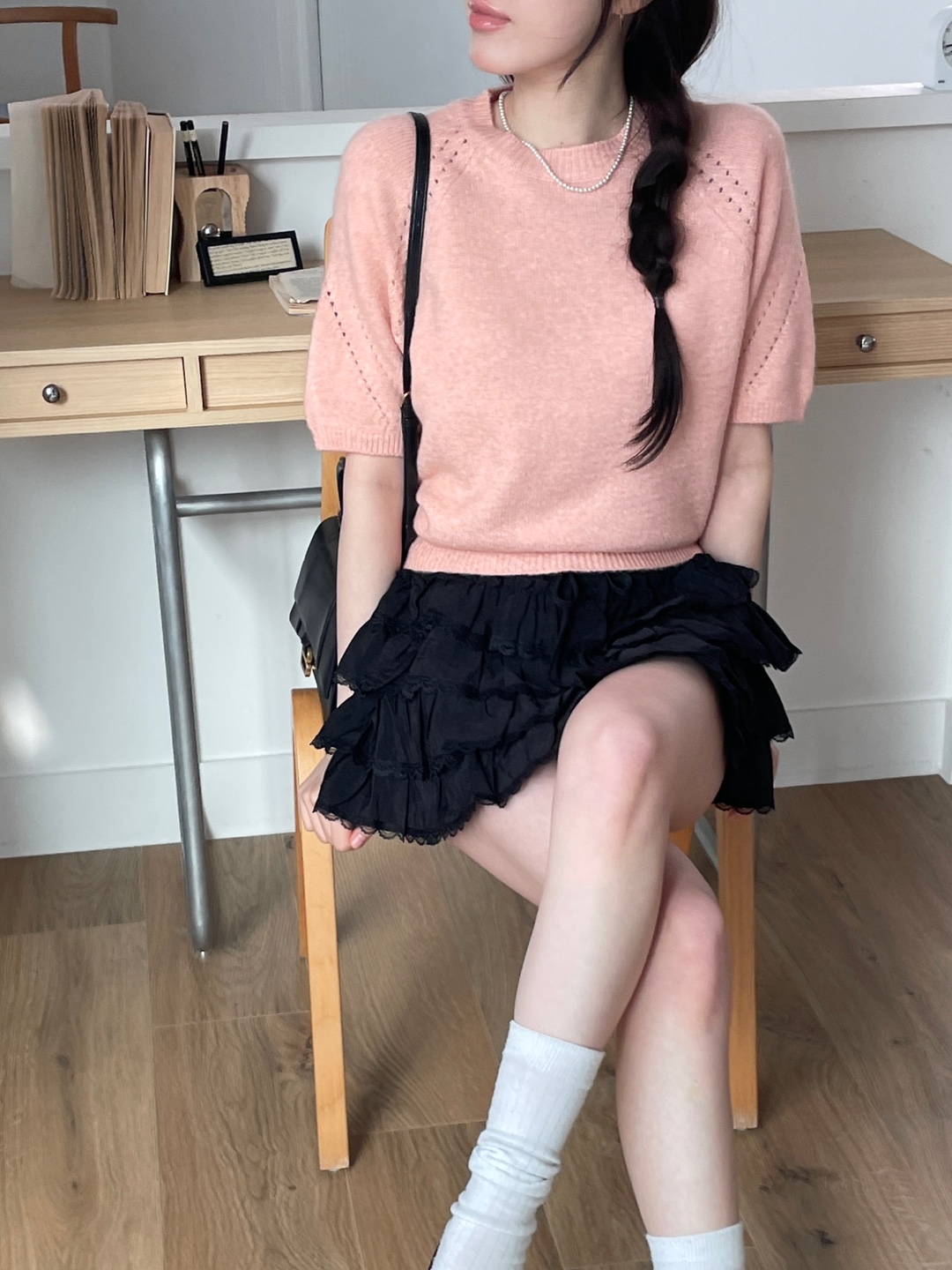 ラウンドネックパフスリーブルーズ半袖セミクロップドニット | 詳細画像5