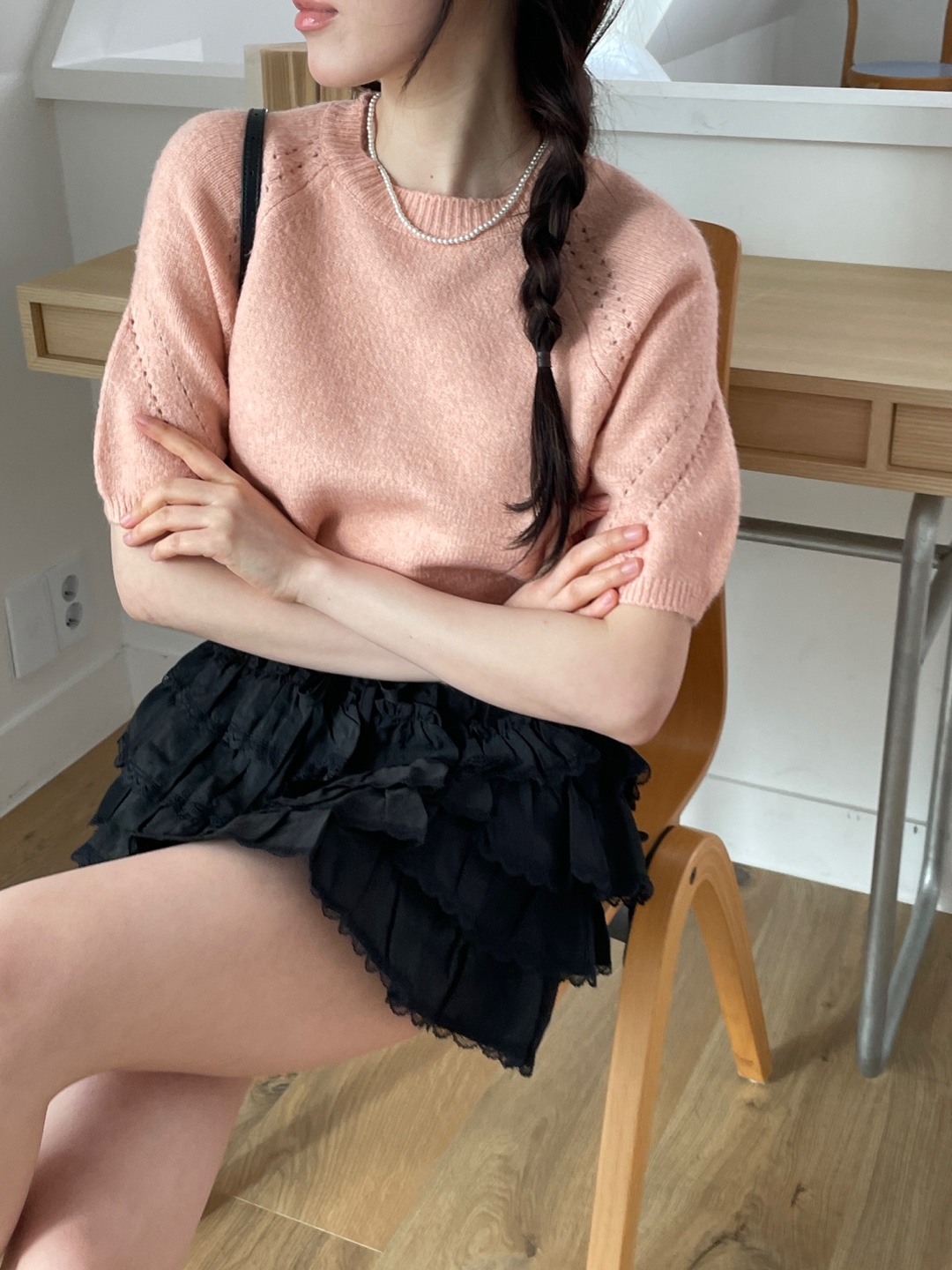 ラウンドネックパフスリーブルーズ半袖セミクロップドニット | 詳細画像6