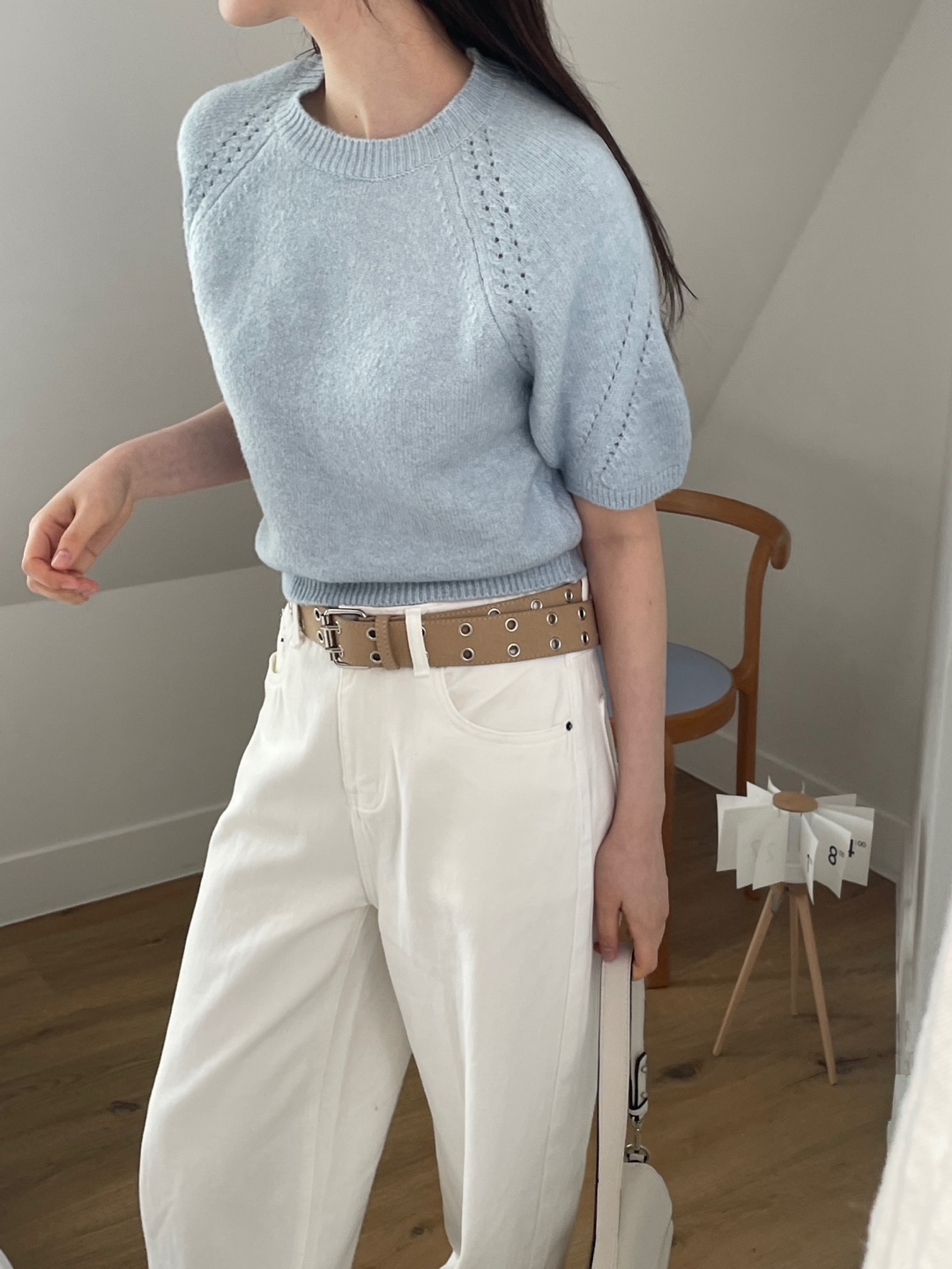 ラウンドネックパフスリーブルーズ半袖セミクロップドニット | 詳細画像12