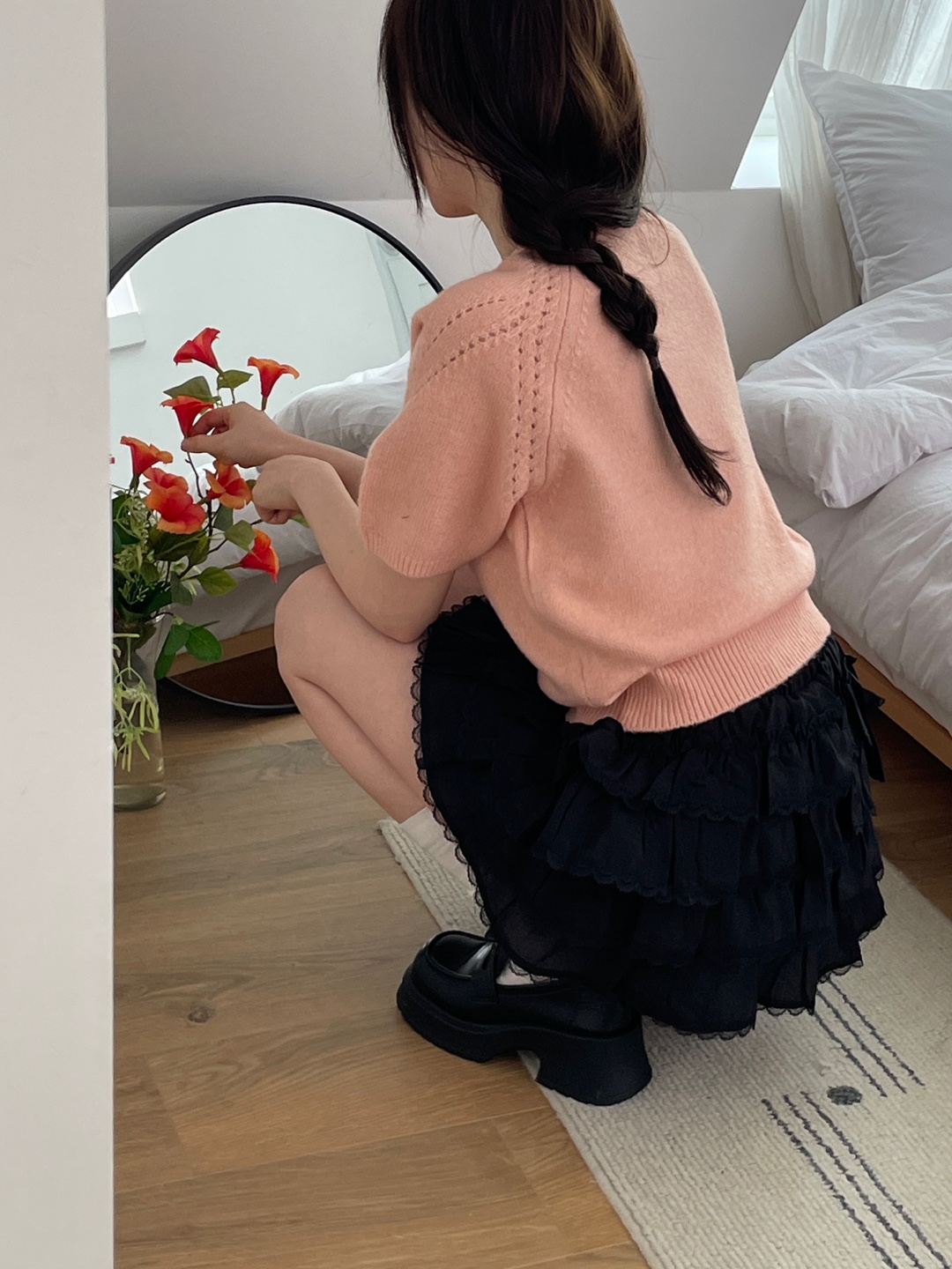 ラウンドネックパフスリーブルーズ半袖セミクロップドニット | 詳細画像7