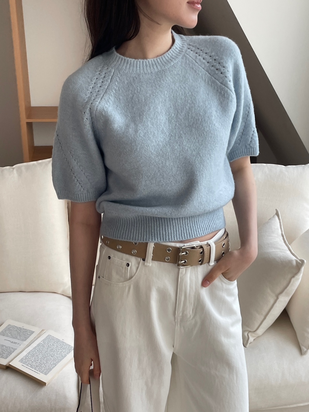 ラウンドネックパフスリーブルーズ半袖セミクロップドニット | 詳細画像9