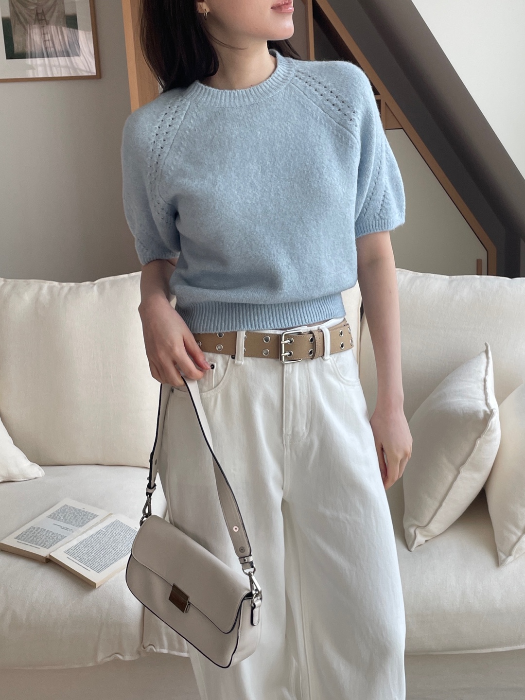 ラウンドネックパフスリーブルーズ半袖セミクロップドニット | 詳細画像10