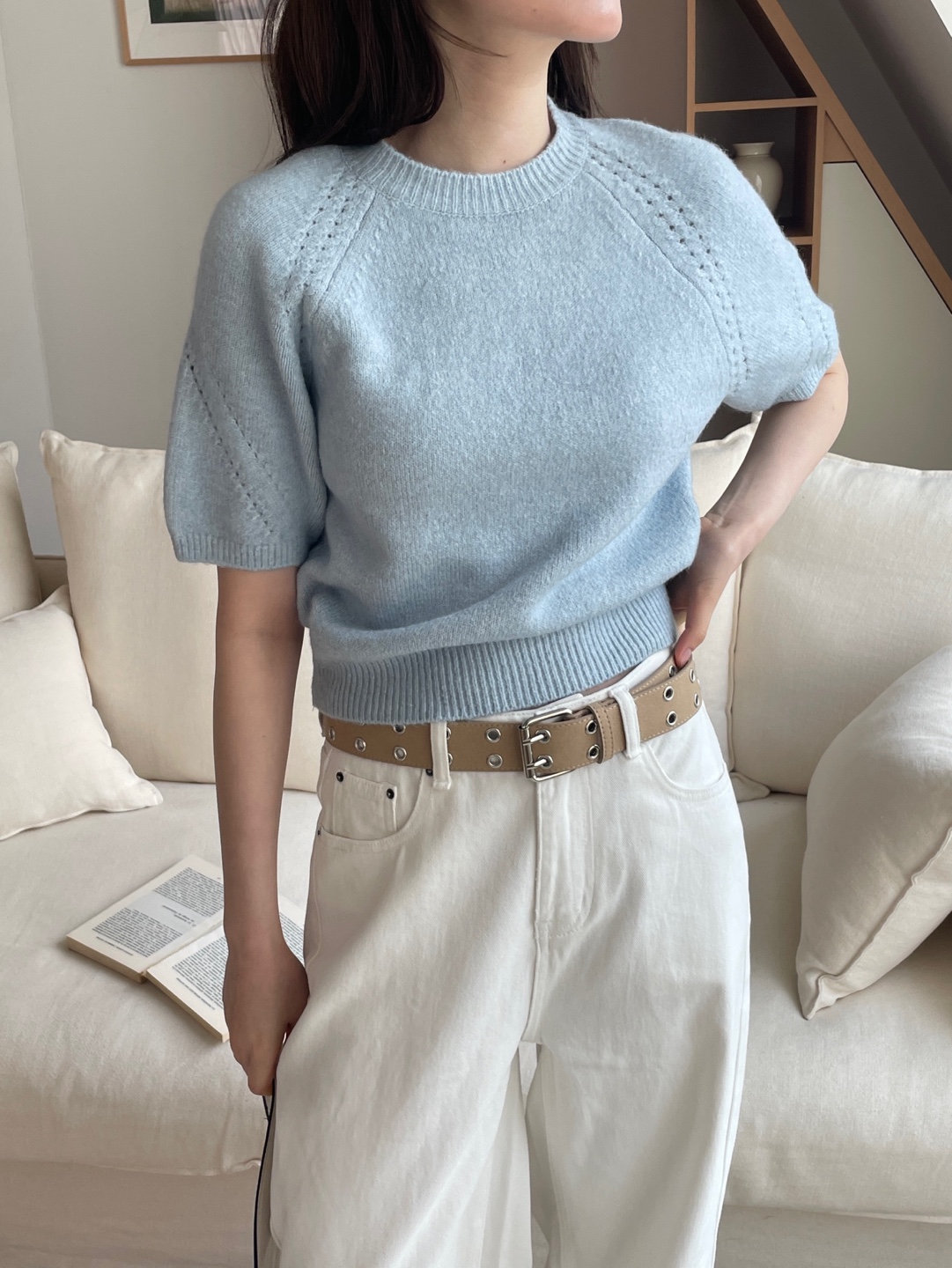 ラウンドネックパフスリーブルーズ半袖セミクロップドニット | 詳細画像8