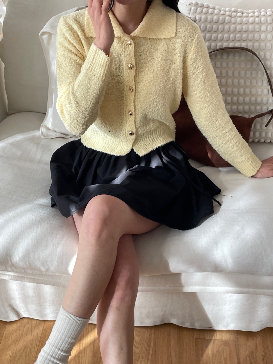 ウール混カラールーズ長袖ビジューボタンセミクロップド無地カーディガン | 詳細画像7