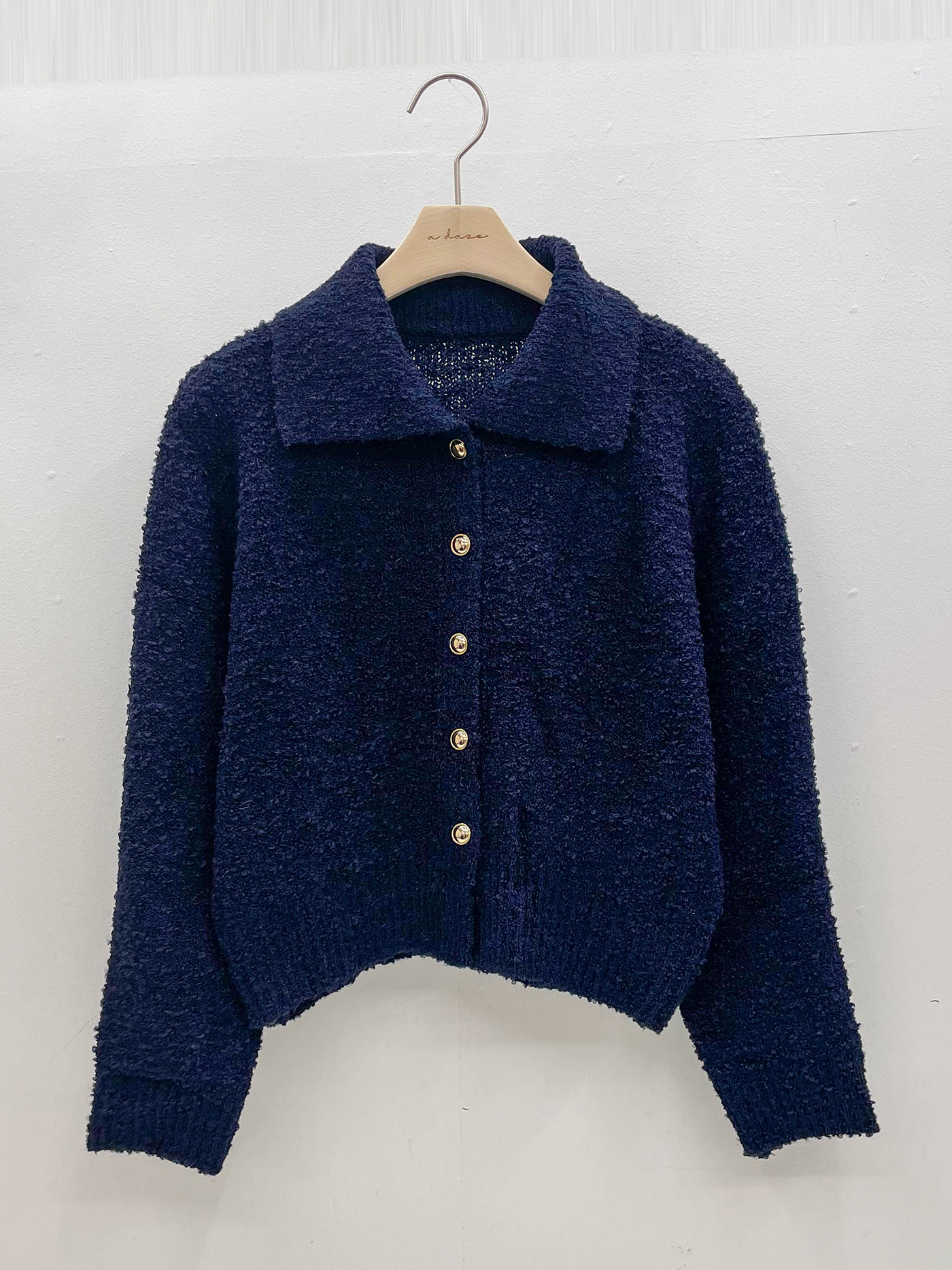 ウール混カラールーズ長袖ビジューボタンセミクロップド無地カーディガン | 詳細画像17