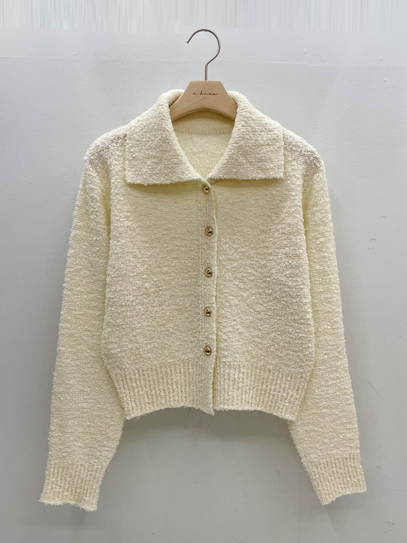 ウール混カラールーズ長袖ビジューボタンセミクロップド無地カーディガン | 詳細画像14