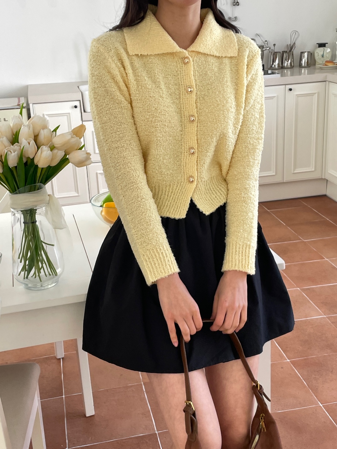 ウール混カラールーズ長袖ビジューボタンセミクロップド無地カーディガン | 詳細画像8