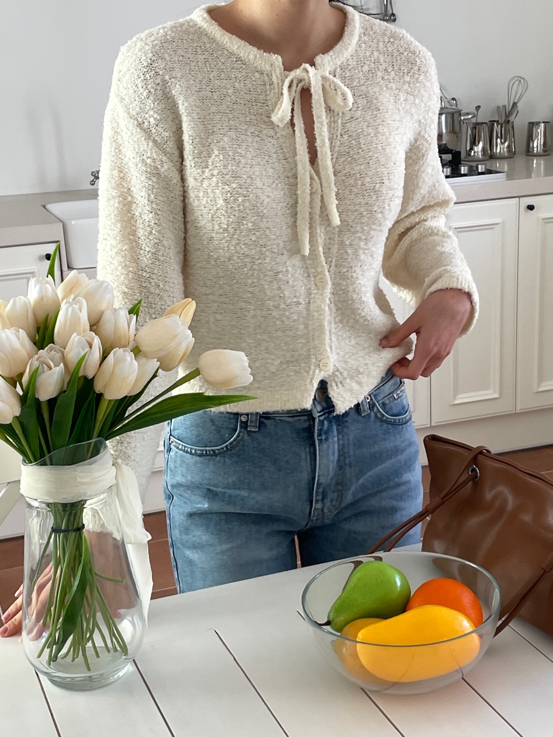 ブークレウール混ボタンストラップラウンドネックルーズ長袖無地カーディガン | 詳細画像8