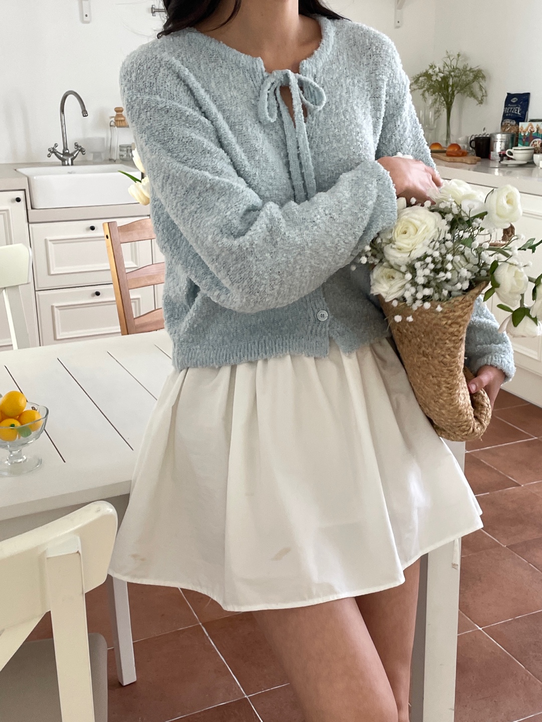 ブークレウール混ボタンストラップラウンドネックルーズ長袖無地カーディガン | 詳細画像4