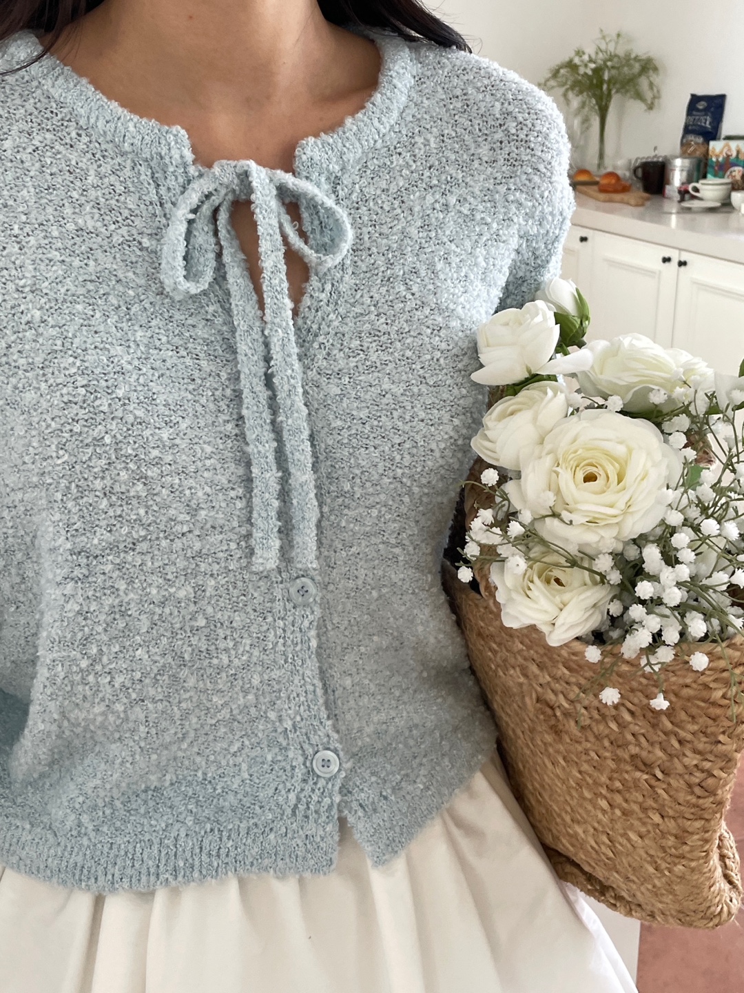 ブークレウール混ボタンストラップラウンドネックルーズ長袖無地カーディガン | 詳細画像3