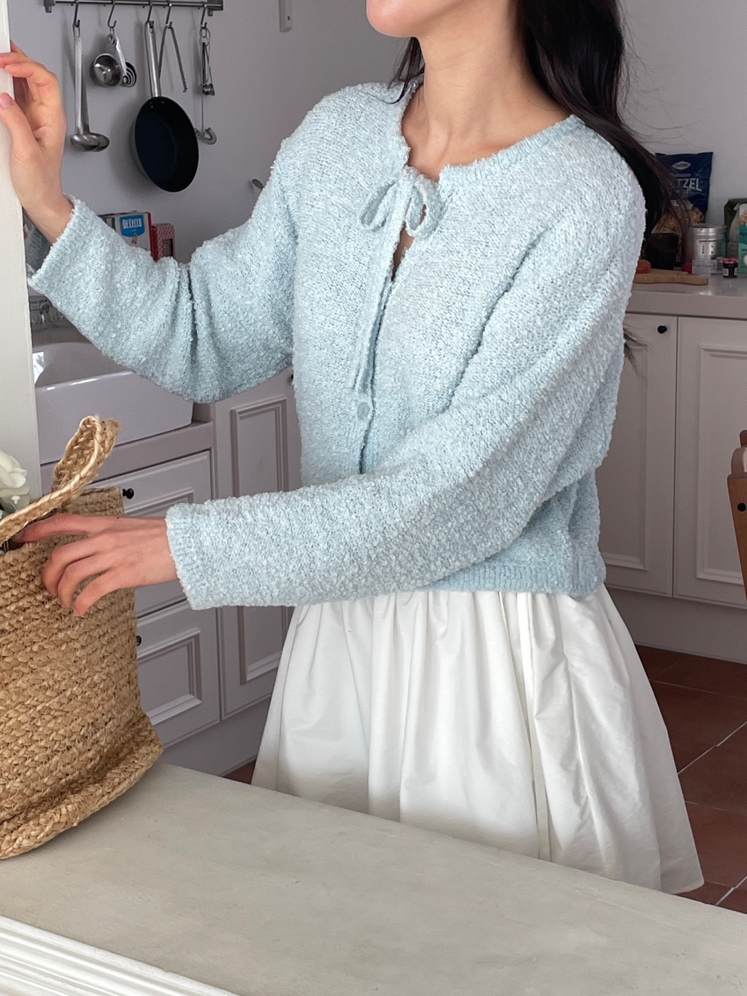 ブークレウール混ボタンストラップラウンドネックルーズ長袖無地カーディガン | 詳細画像5