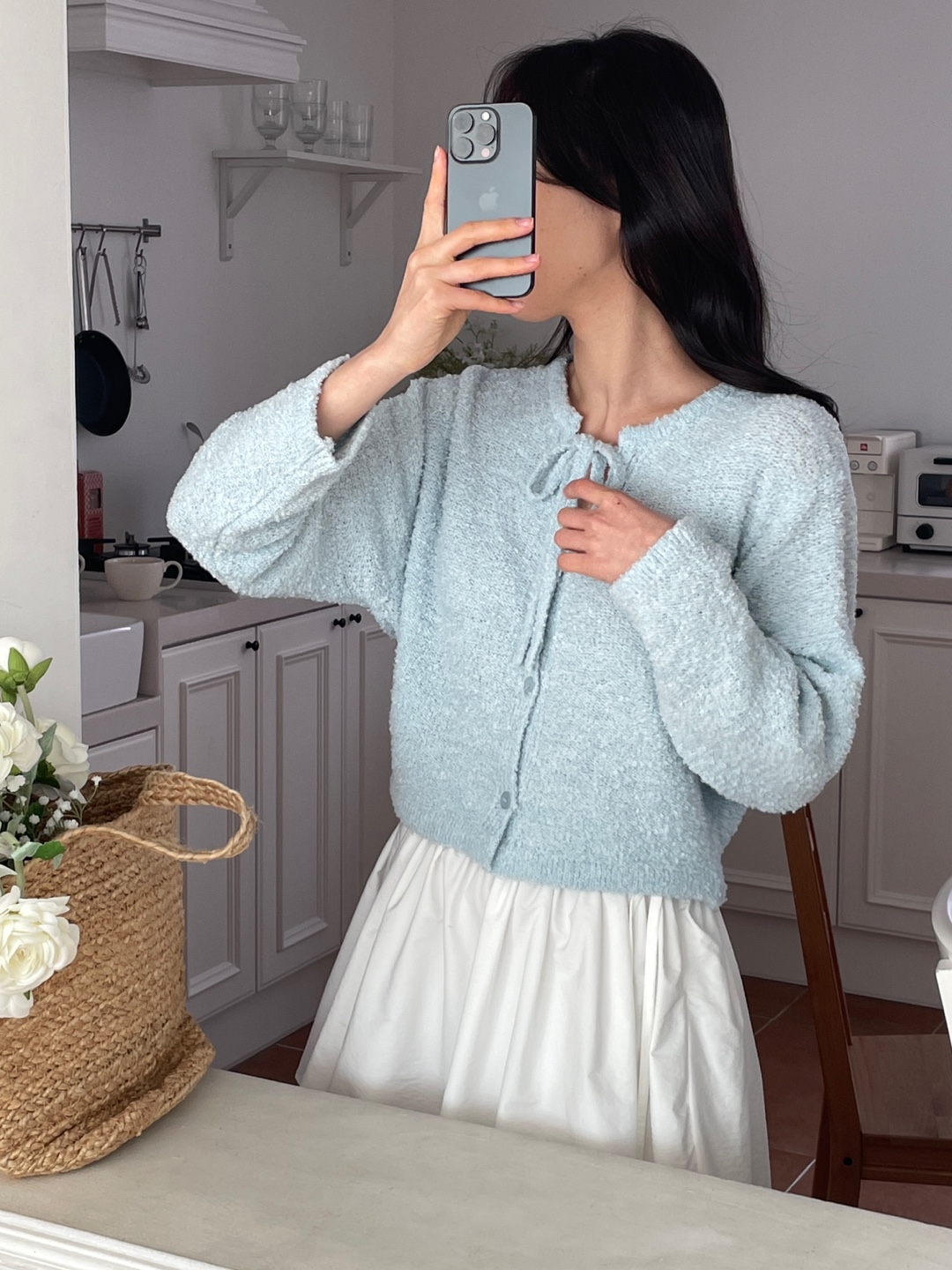 ブークレウール混ボタンストラップラウンドネックルーズ長袖無地カーディガン | 詳細画像6