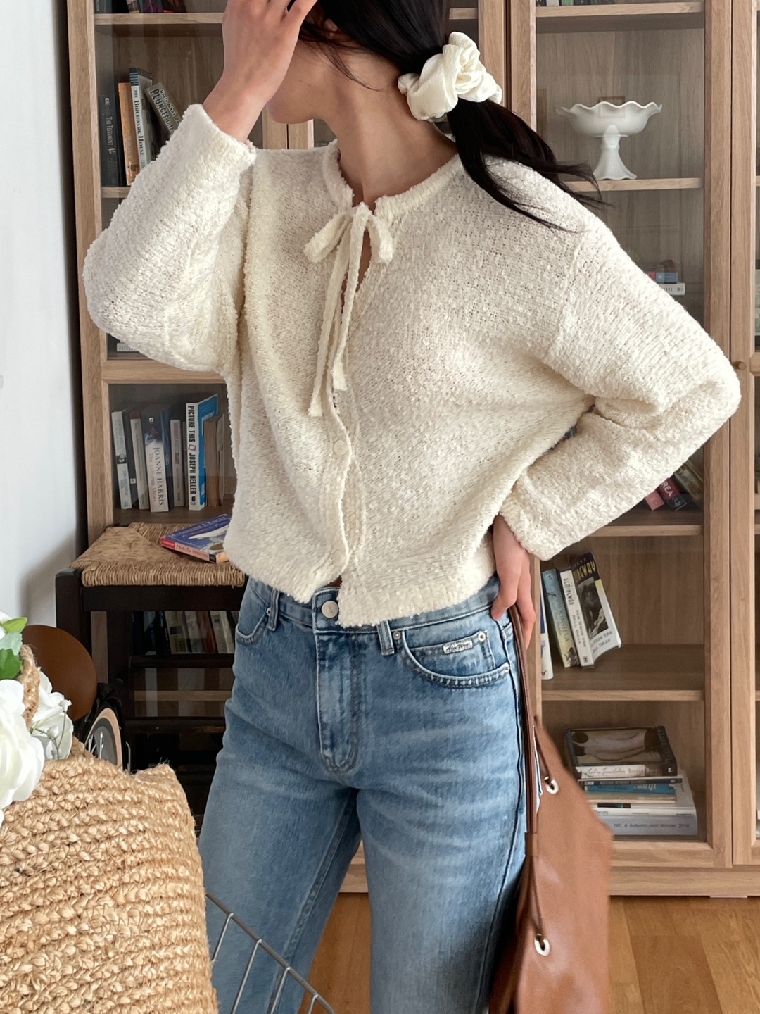 ブークレウール混ボタンストラップラウンドネックルーズ長袖無地カーディガン | 詳細画像7