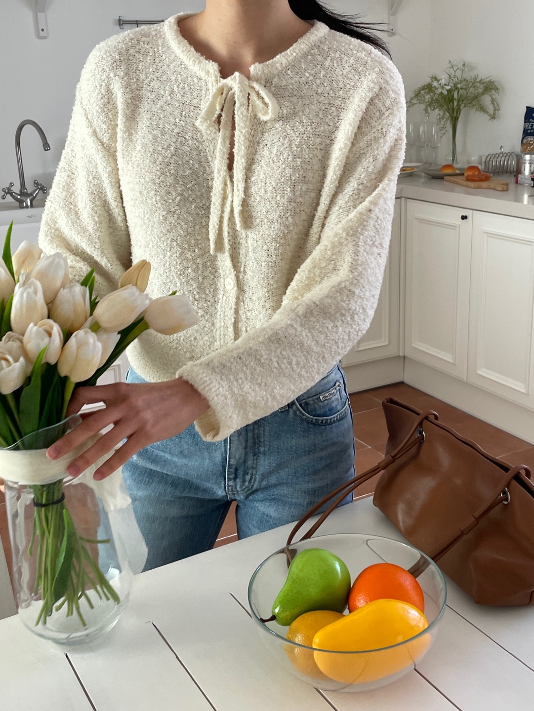 ブークレウール混ボタンストラップラウンドネックルーズ長袖無地カーディガン | 詳細画像9