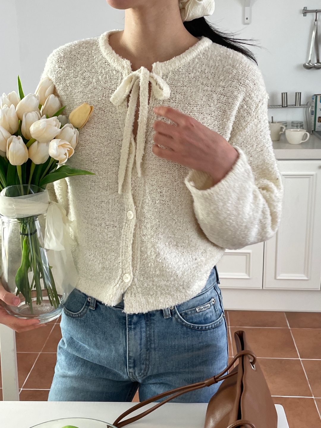 ブークレウール混ボタンストラップラウンドネックルーズ長袖無地カーディガン | 詳細画像10