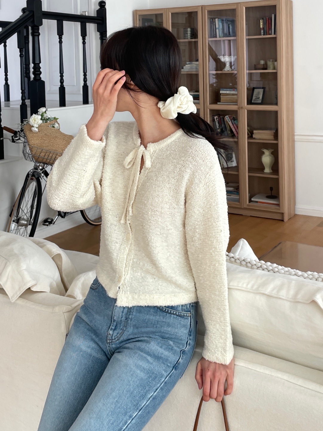 ブークレウール混ボタンストラップラウンドネックルーズ長袖無地カーディガン | 詳細画像11