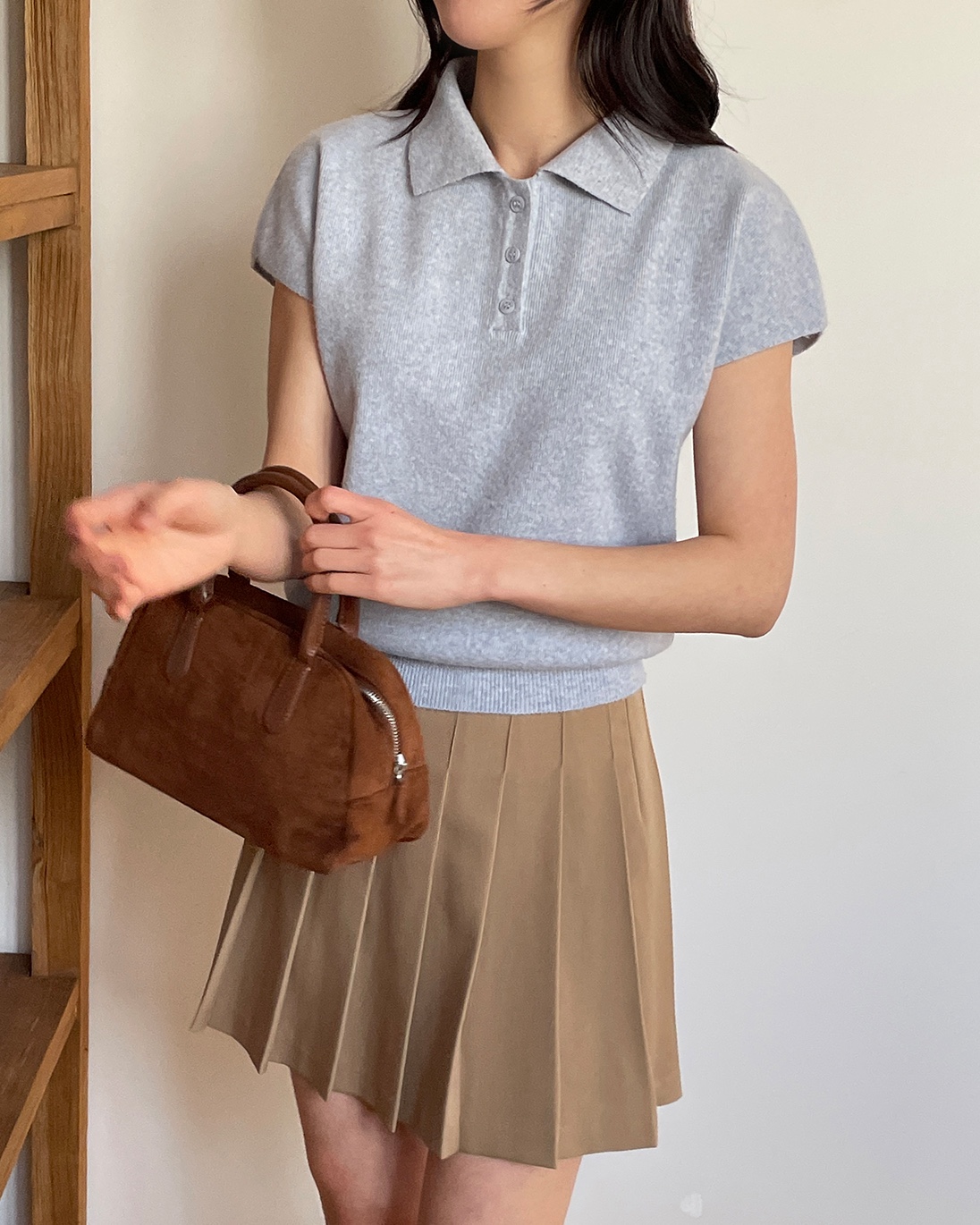 ウール混カラーパフスリーブラグランハーフボタンルーズ半袖無地ニット | 詳細画像11